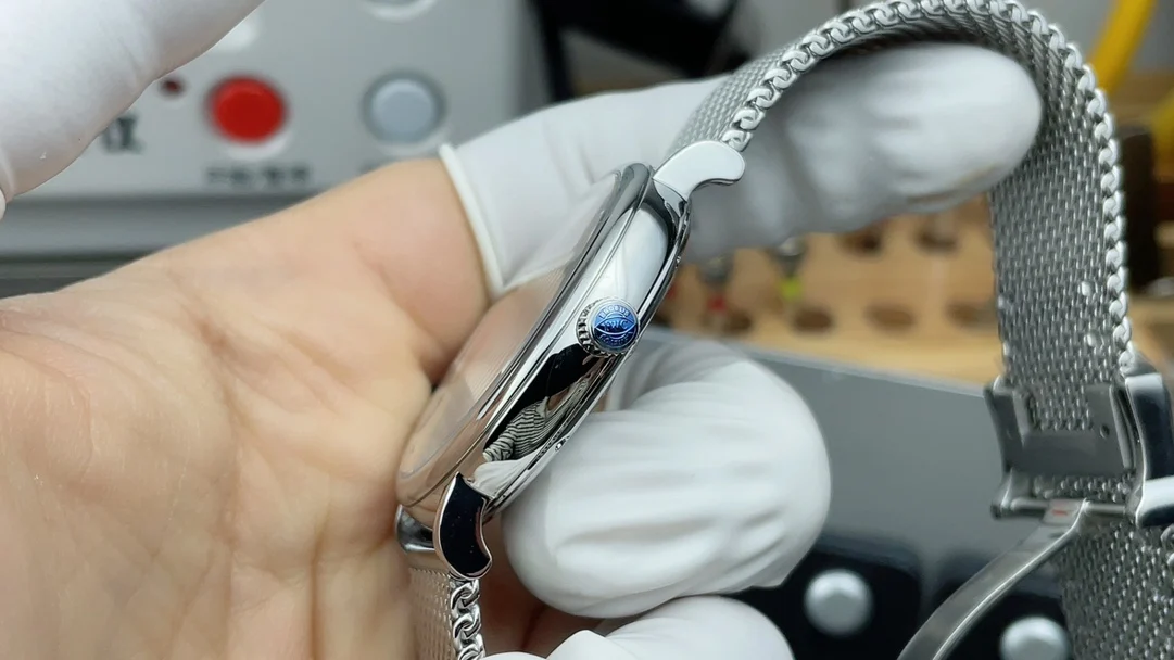 MKS steel bracelet with wave pattern — photographed off the sweep