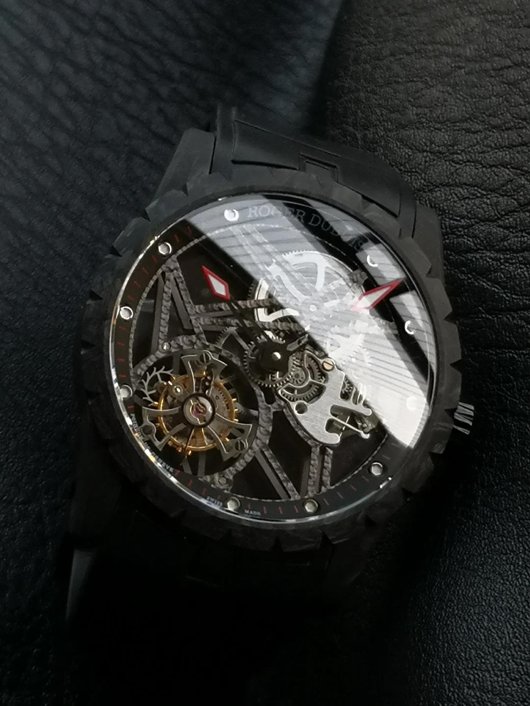 "New Factory" Roger Dubuis carbon fiber V4 version tourbillon — photographed off the sweep