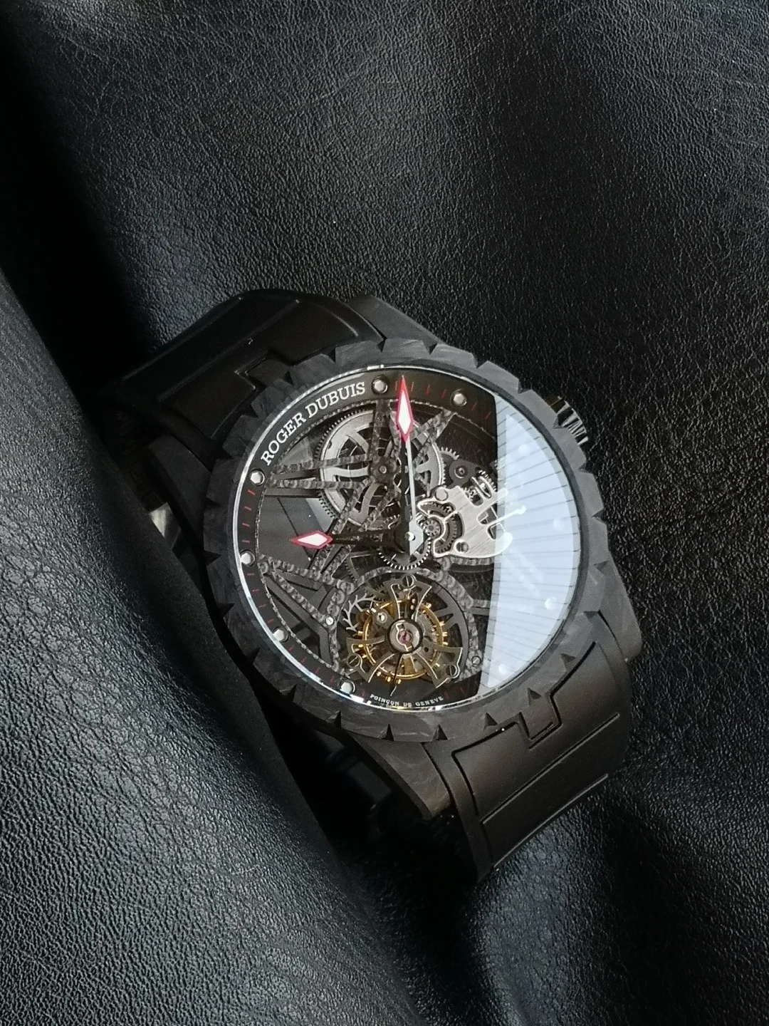 "New Factory" Roger Dubuis carbon fiber V4 version tourbillon — photographed off the sweep