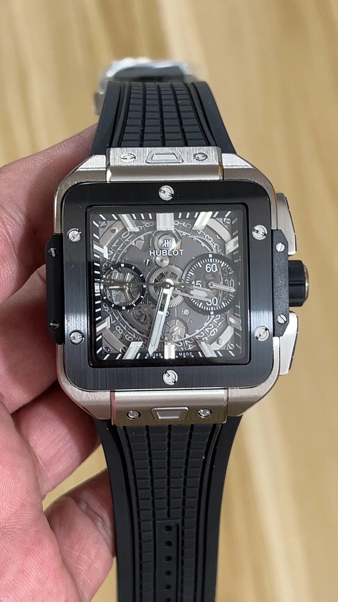 new square Hublot — photographed off the sweep
