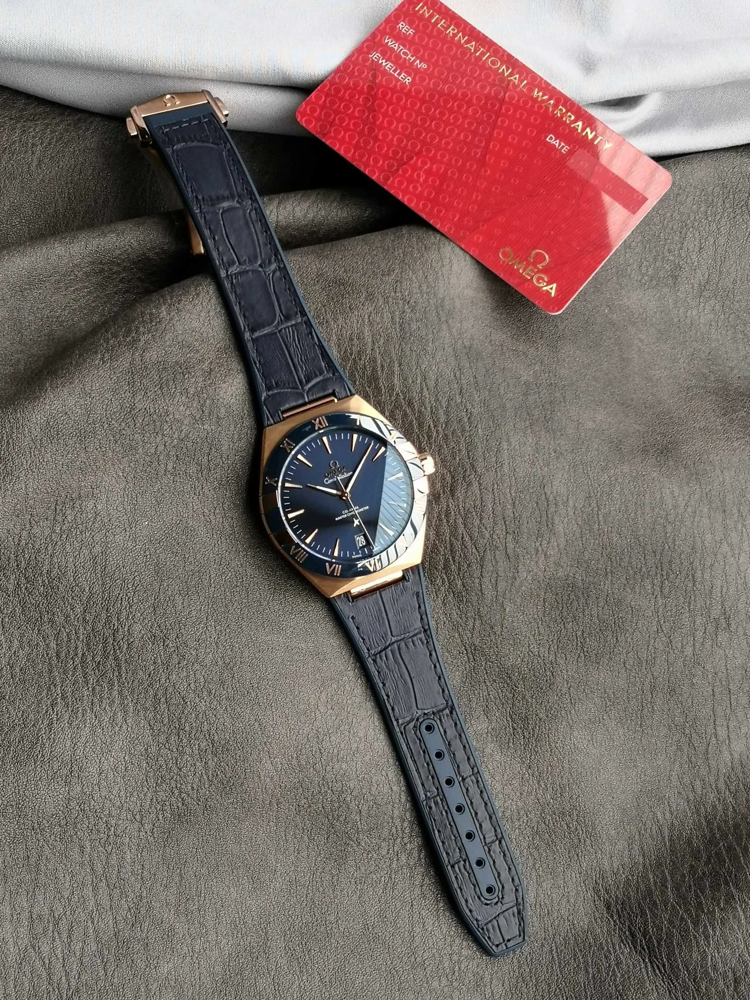 Omega Constellation Ceramic Blue Dial 41mm — photographed off the sweep