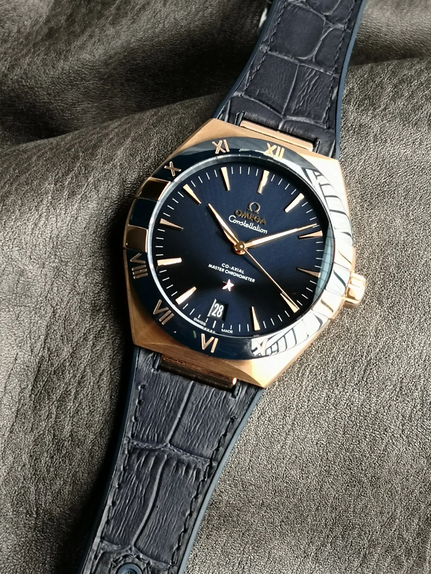 Omega Constellation Ceramic Blue Dial 41mm — photographed off the sweep