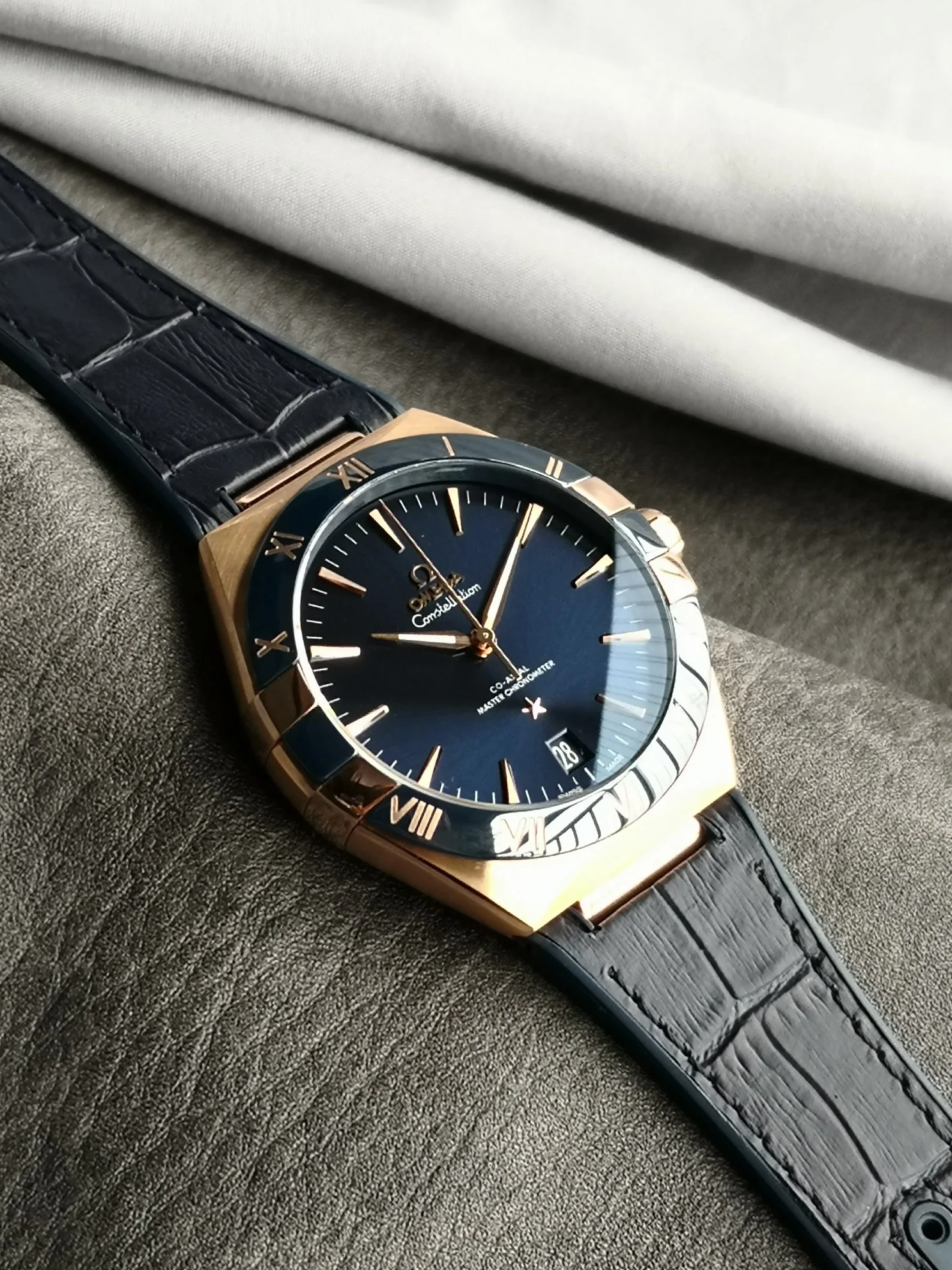 Omega Constellation Ceramic Blue Dial 41mm — photographed off the sweep