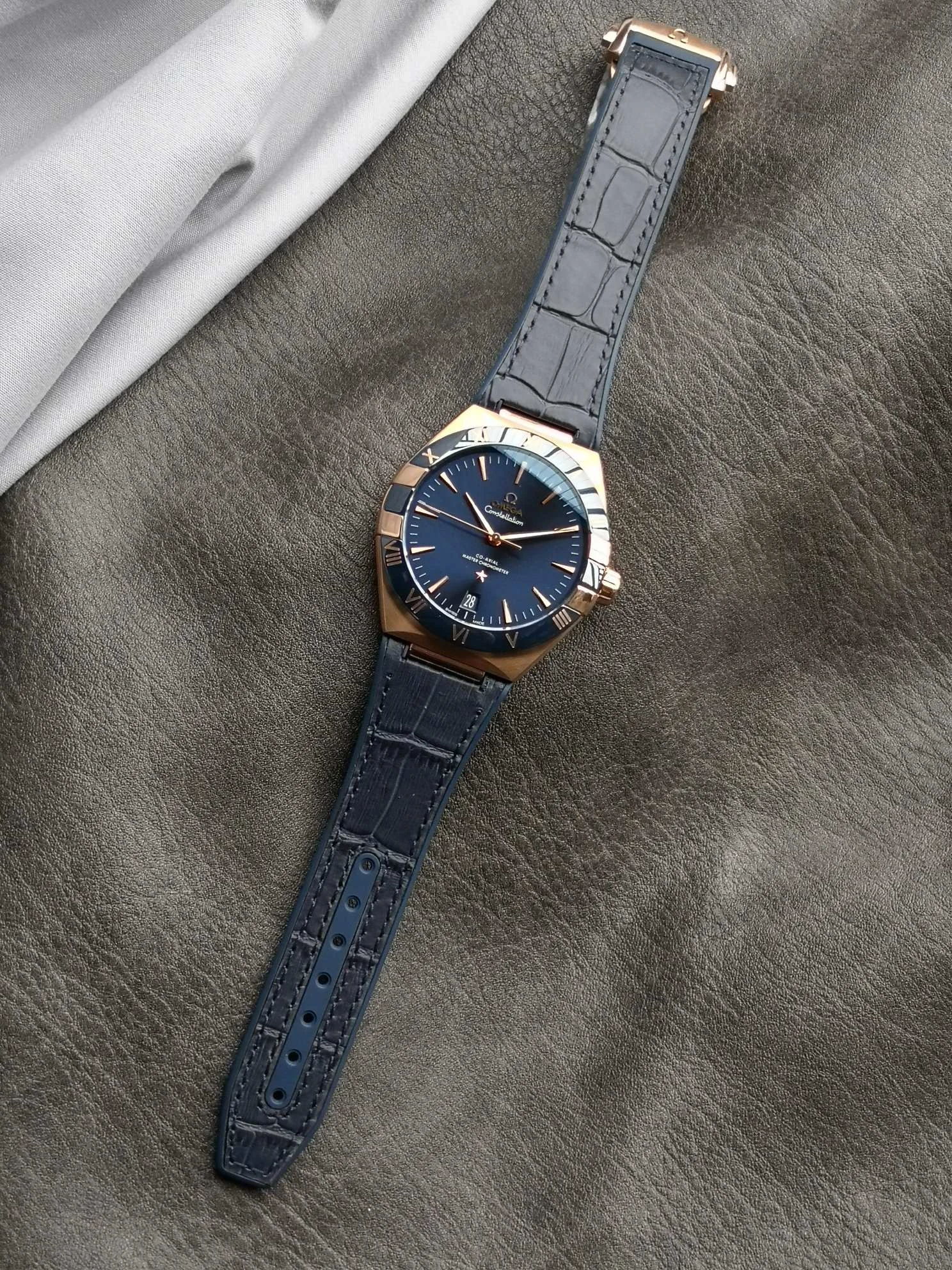 Omega Constellation Ceramic Blue Dial 41mm — photographed off the sweep