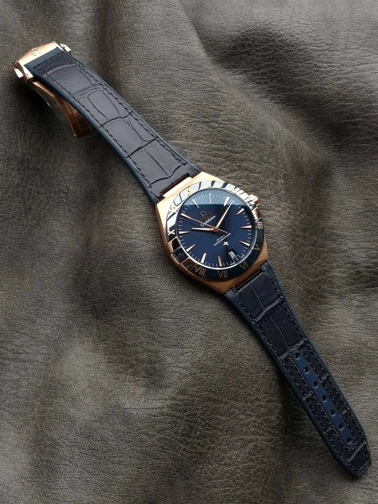 Omega Constellation Ceramic Blue Dial 41mm — photographed off the sweep