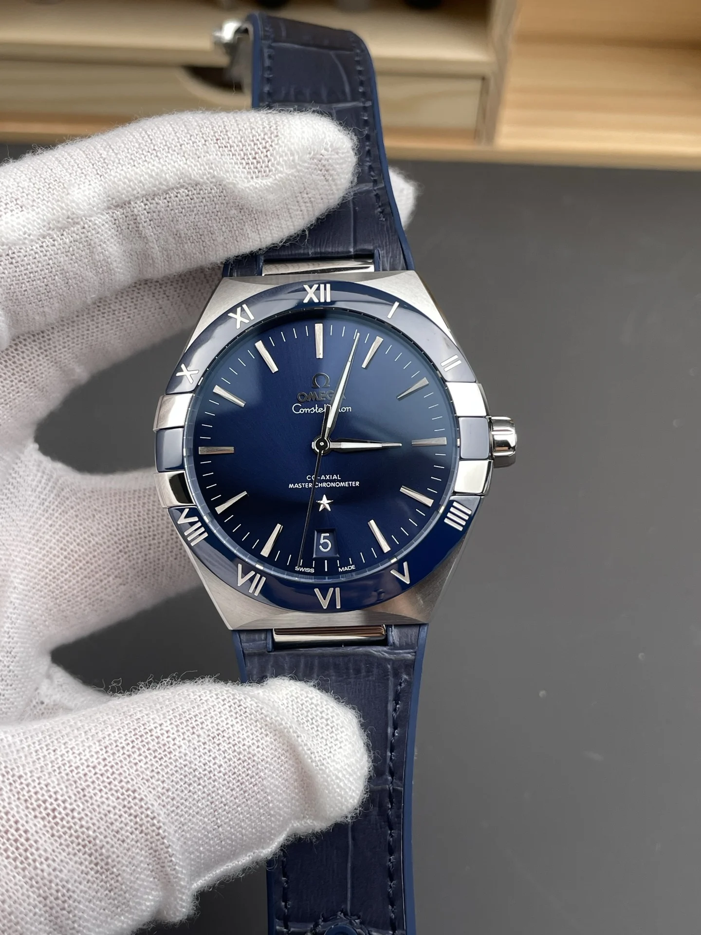 Omega Constellation Ceramic Blue Dial 41mm — photographed off the sweep