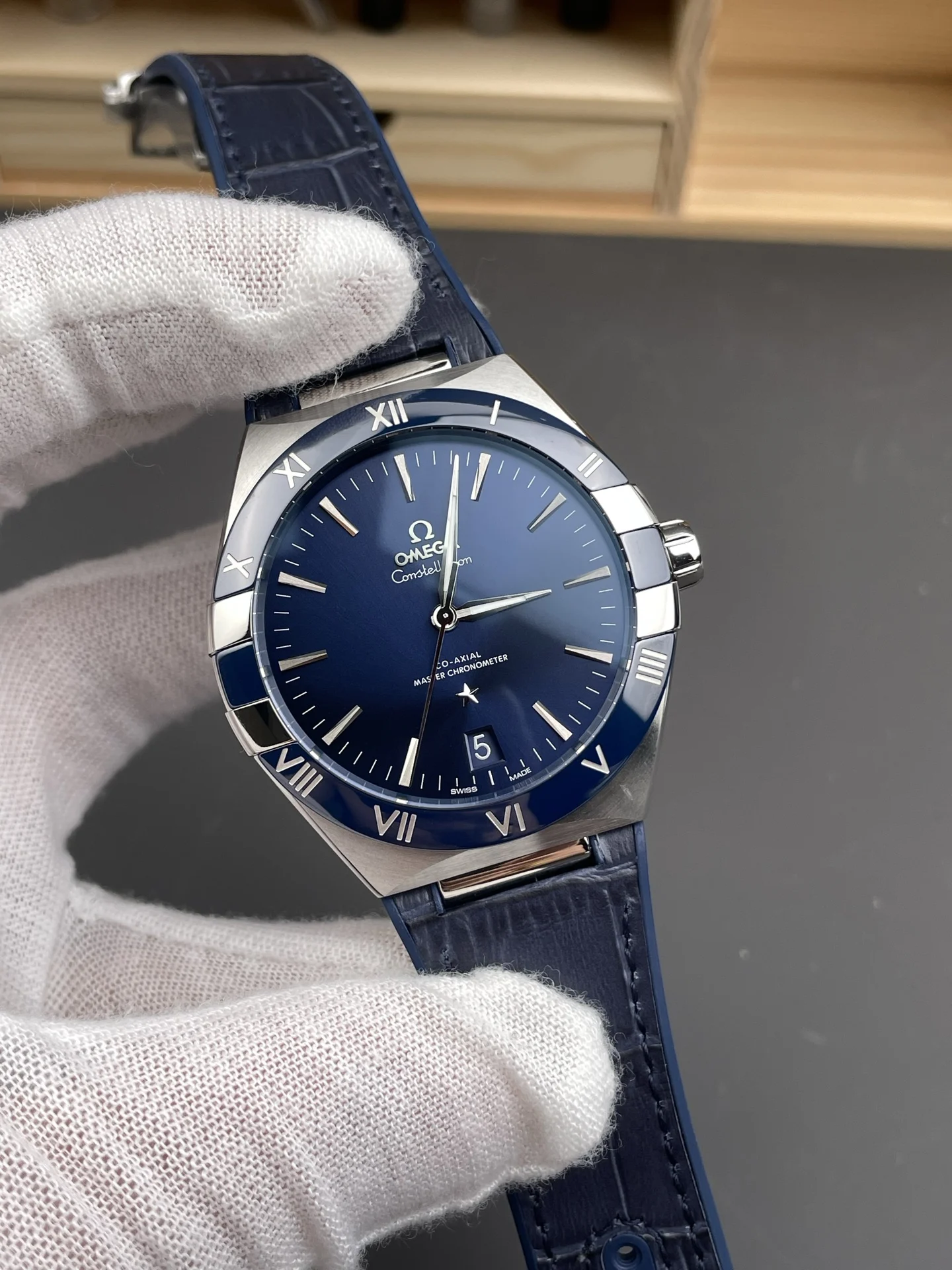 Omega Constellation Ceramic Blue Dial 41mm — photographed off the sweep