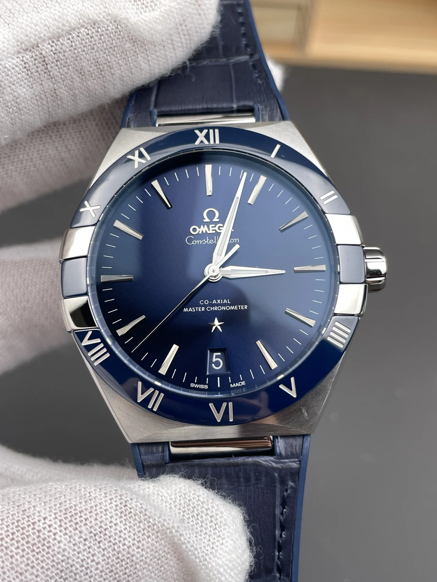Omega Constellation Ceramic Blue Dial 41mm — photographed off the sweep