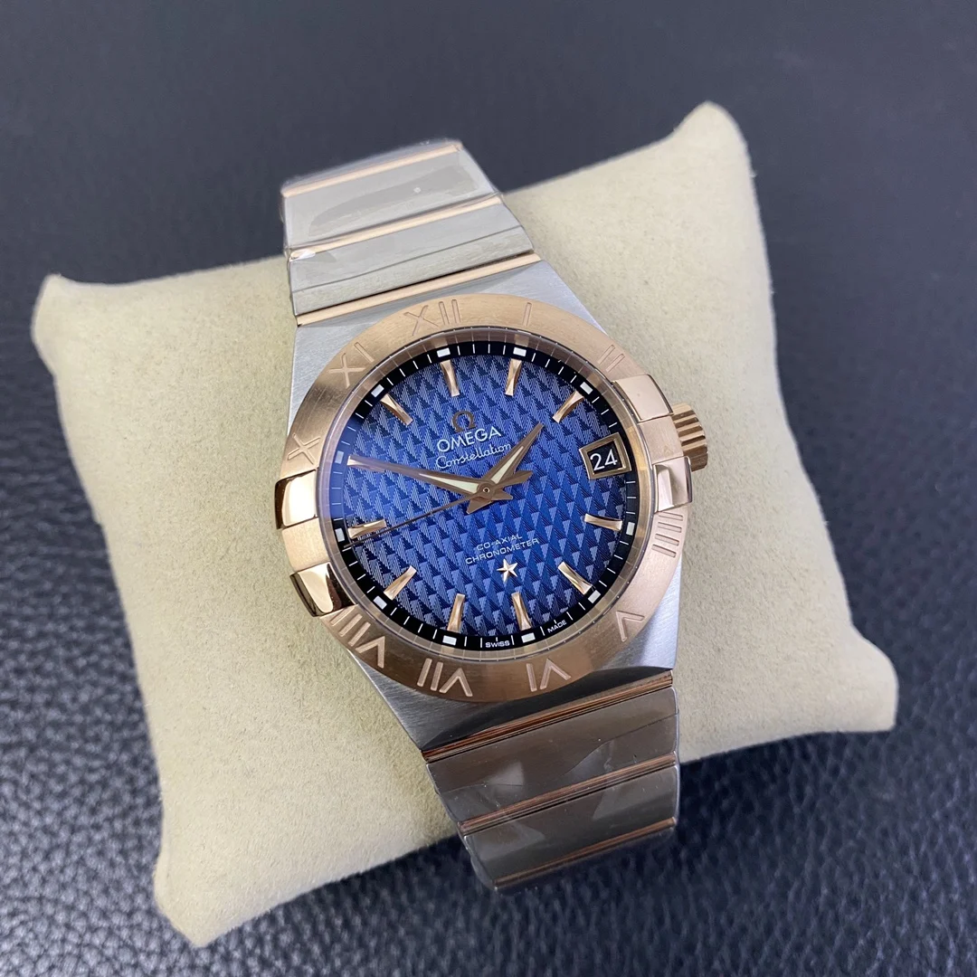 Omega Constellation Rose Gold Blue Dial 38mm — photographed off the sweep