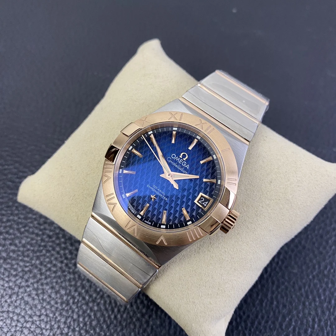 Omega Constellation Rose Gold Blue Dial 38mm — photographed off the sweep