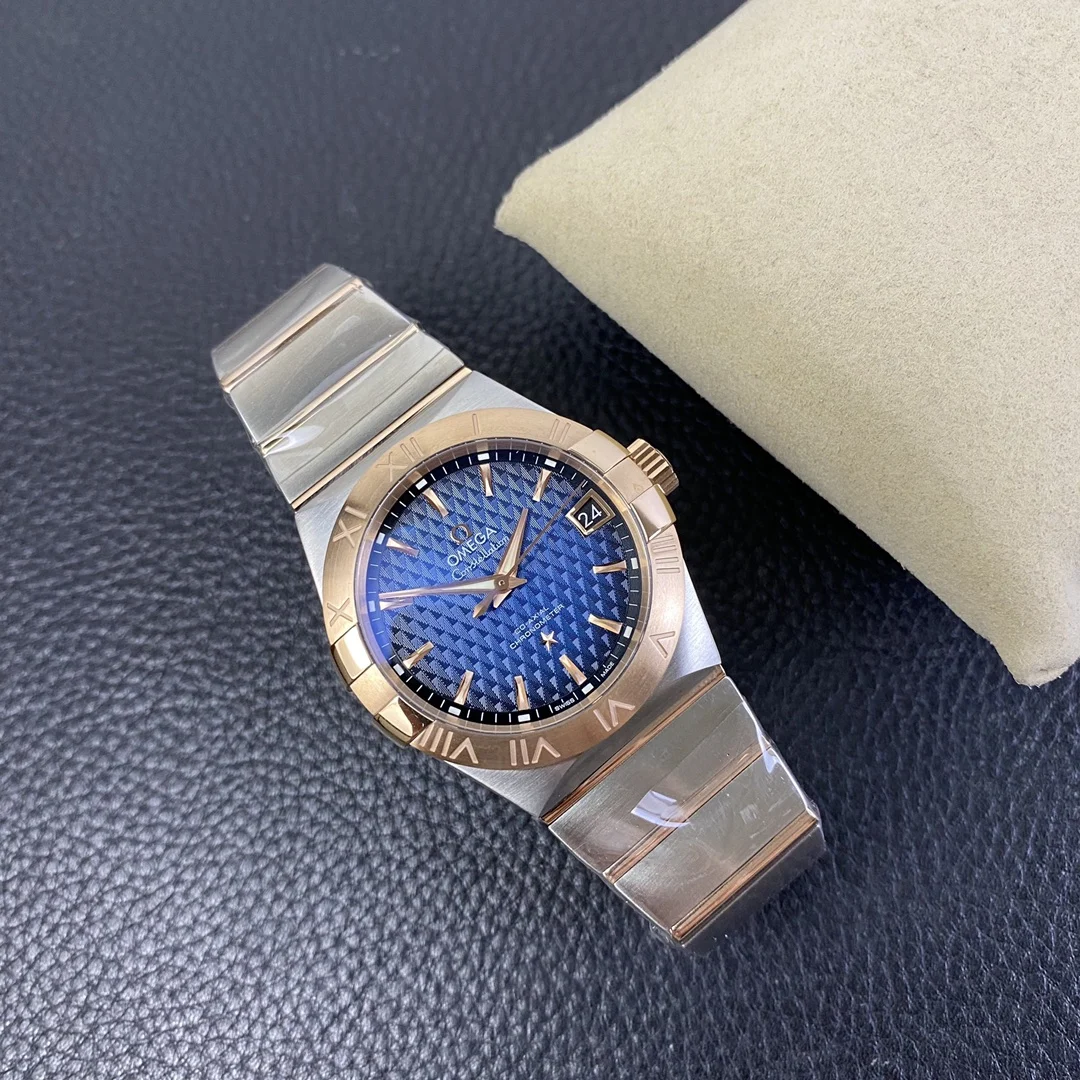 Omega Constellation Rose Gold Blue Dial 38mm — photographed off the sweep