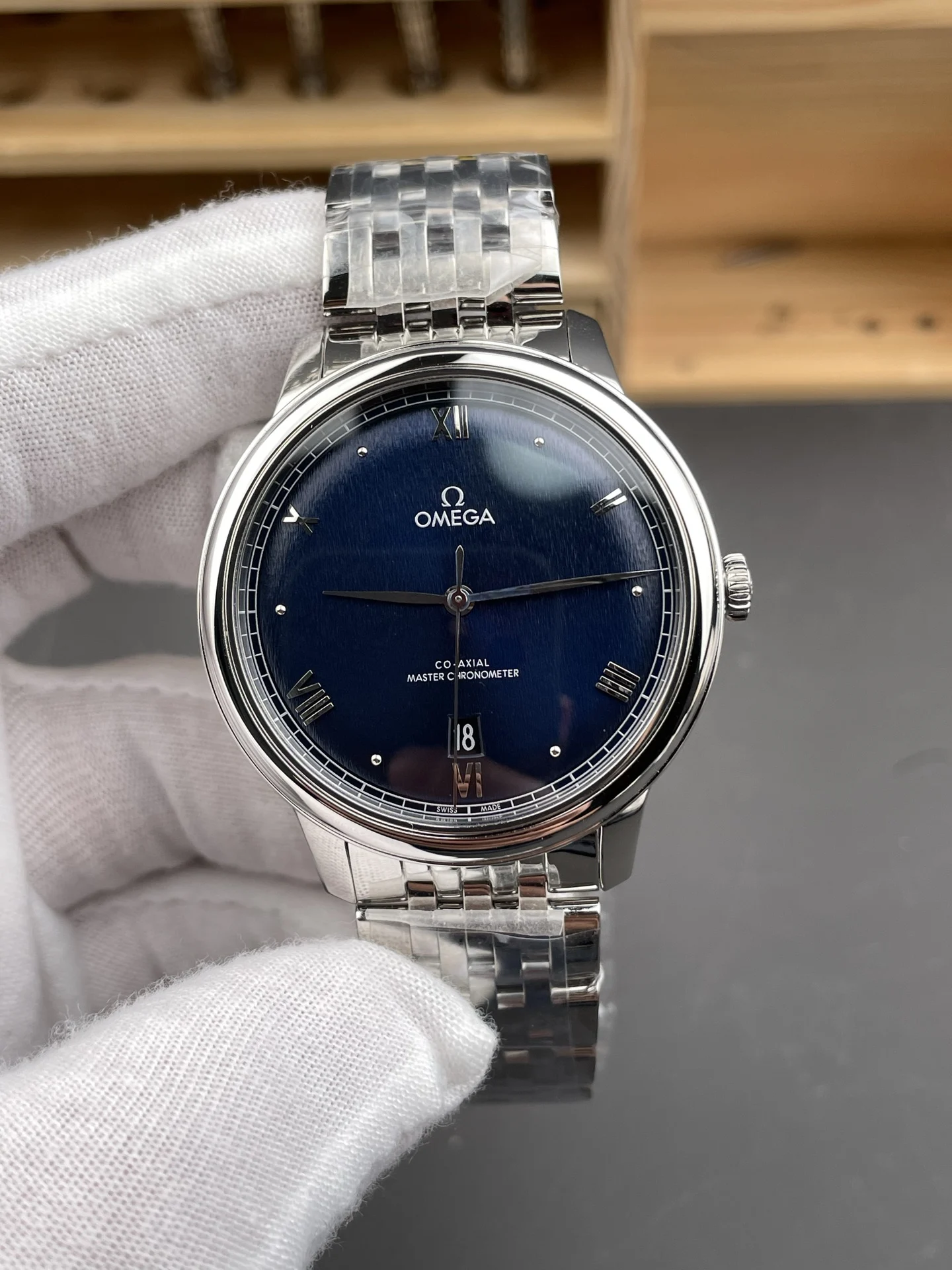 Omega De Ville Blue Dial 39.5mm — photographed off the sweep