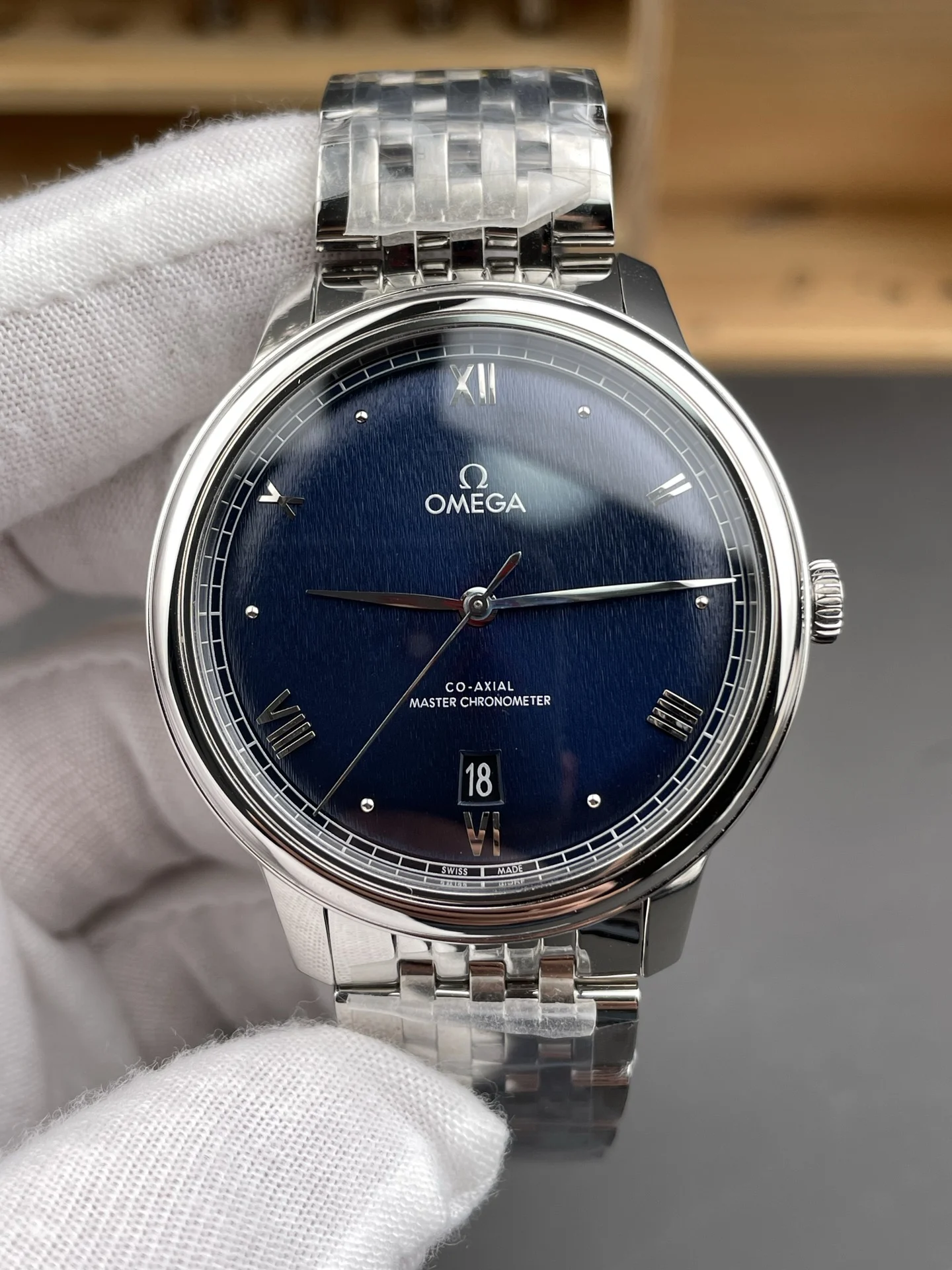 Omega De Ville Blue Dial 39.5mm — photographed off the sweep