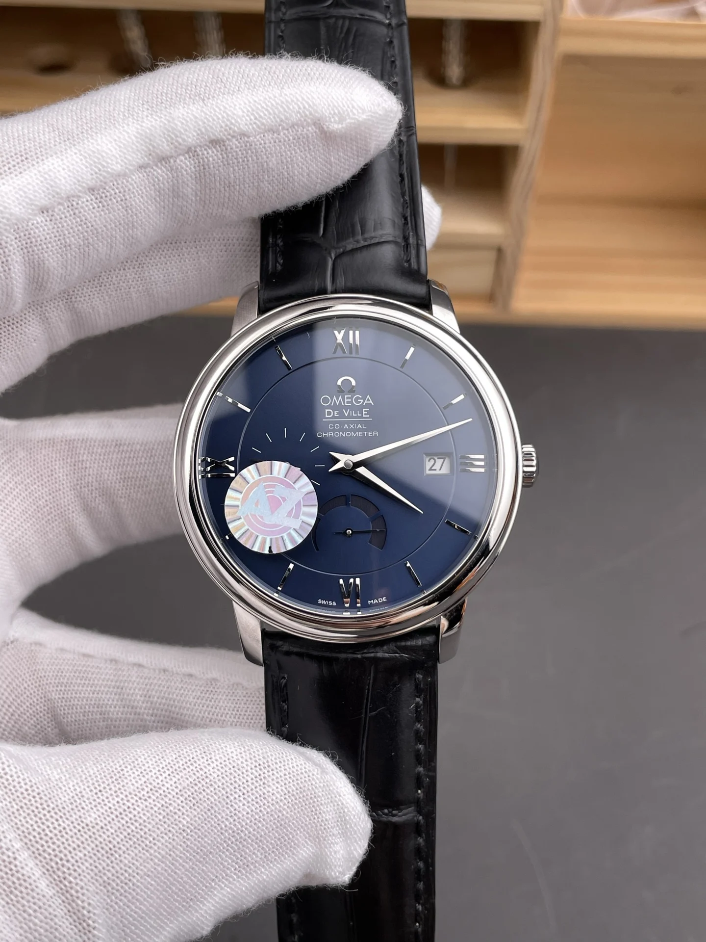 Omega De Ville Blue Dial 39.5mm — photographed off the sweep