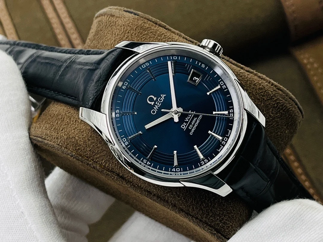 Omega De Ville Steel Blue Dial 41mm — photographed off the sweep