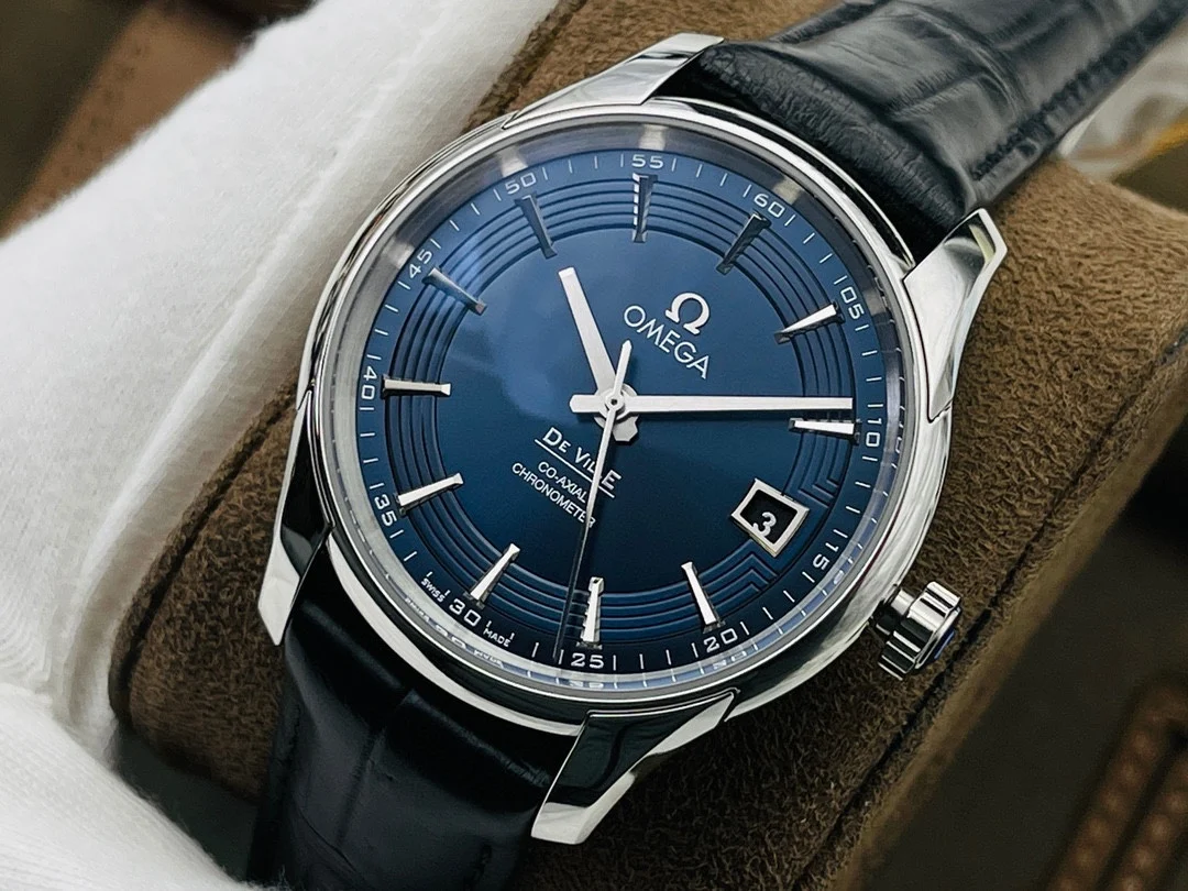 Omega De Ville Steel Blue Dial 41mm — photographed off the sweep