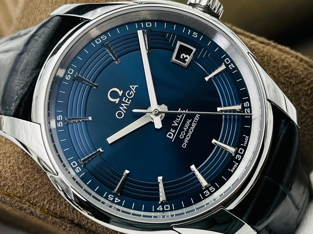 Omega De Ville Steel Blue Dial 41mm — photographed off the sweep