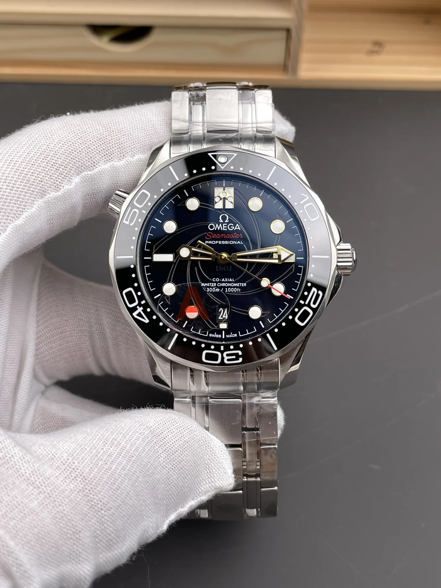 Omega James Bond 007 Black Dial — photographed off the sweep