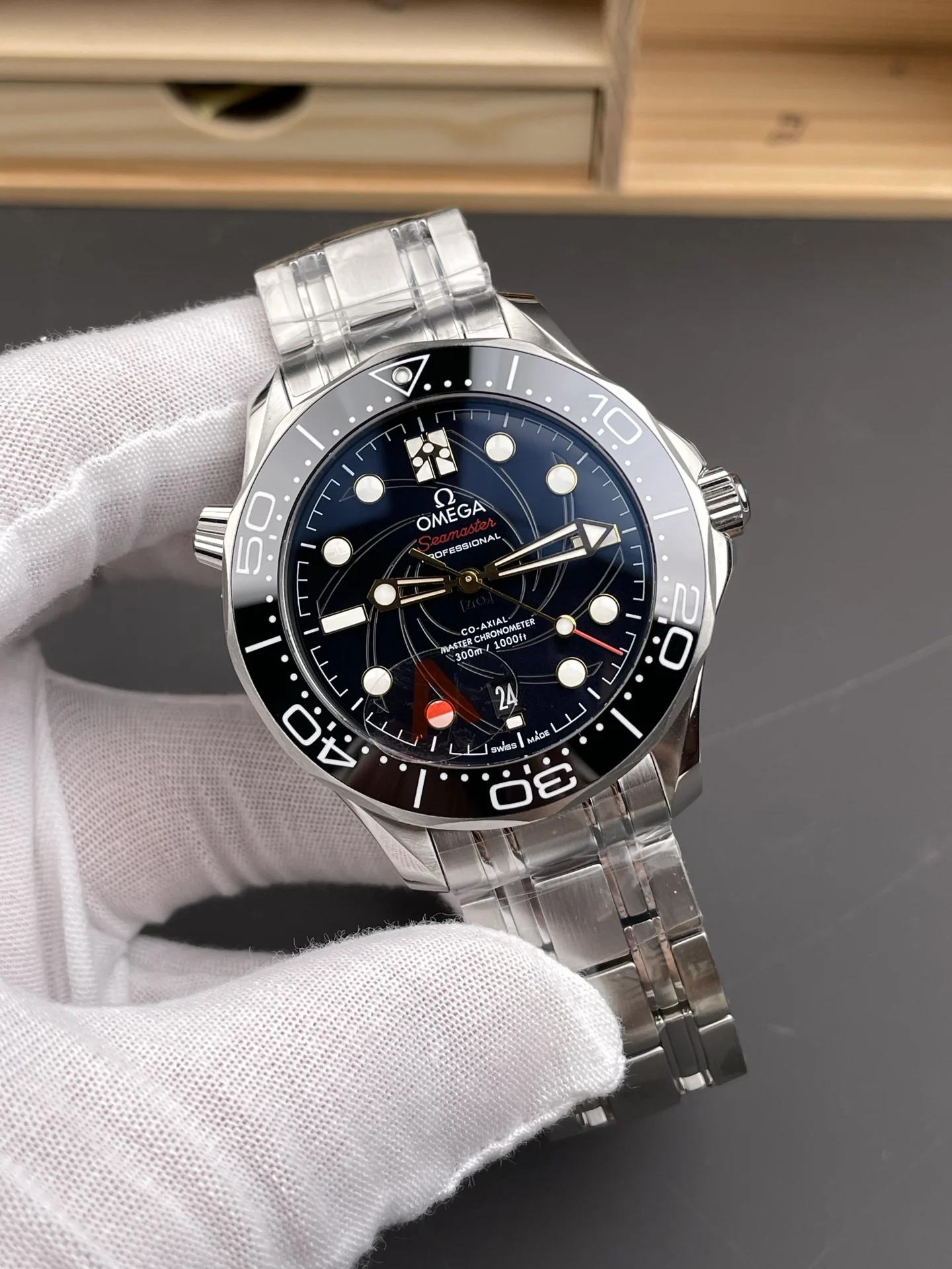 Omega James Bond 007 Black Dial — photographed off the sweep