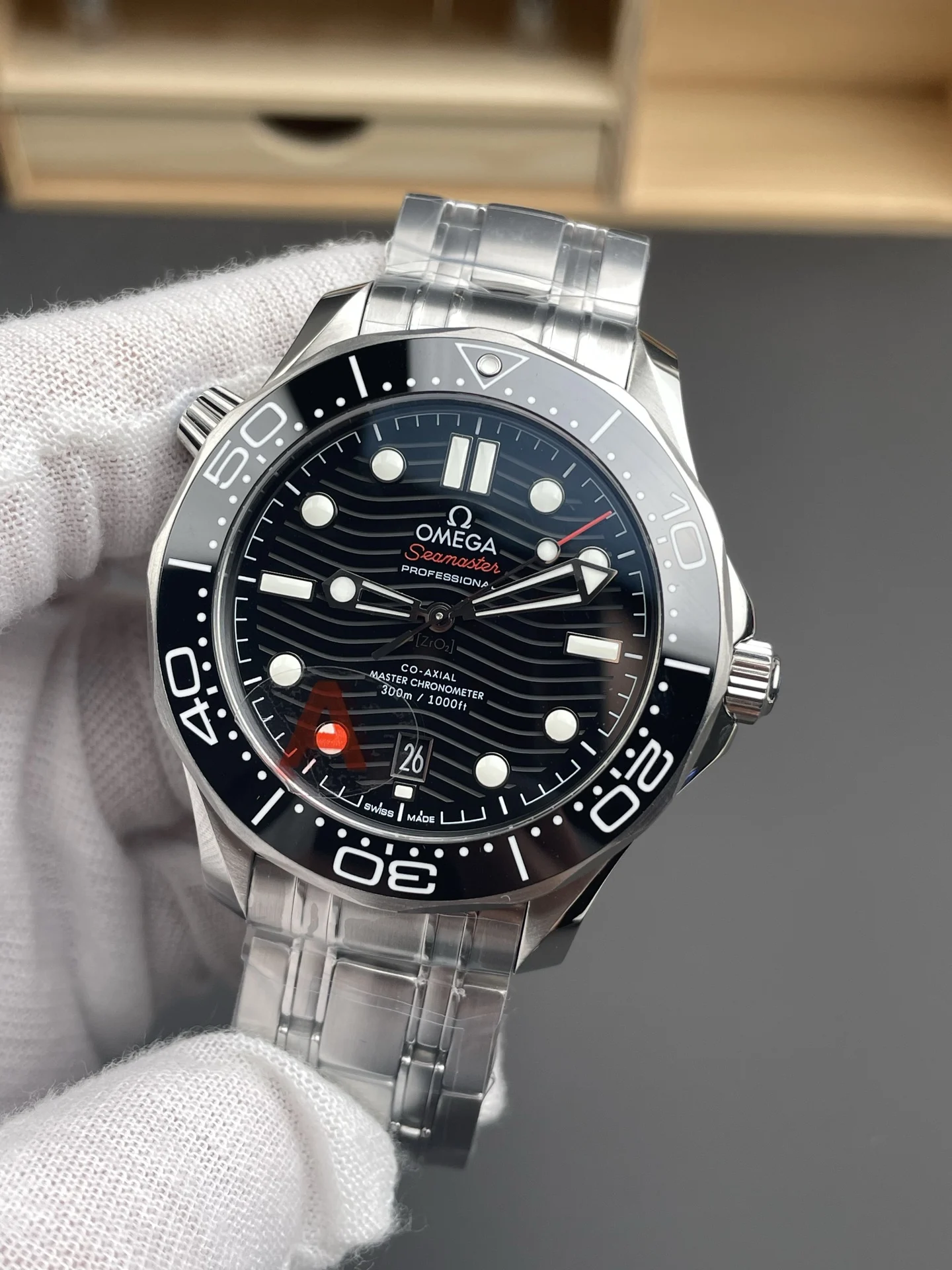 Omega Seamaster 300 Black Dial 42mm — photographed off the sweep