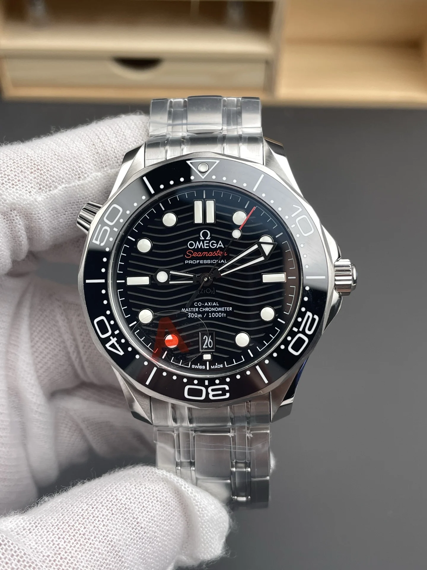 Omega Seamaster 300 Black Dial 42mm — photographed off the sweep