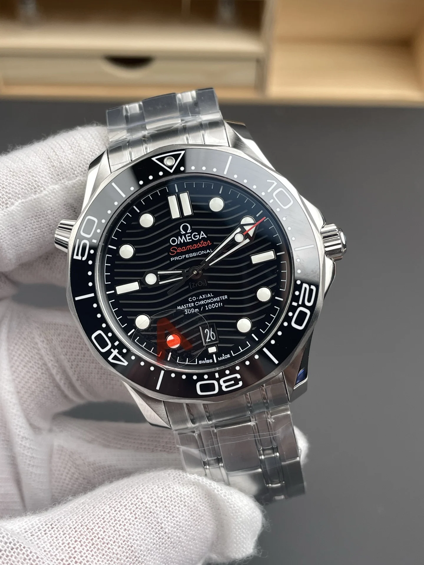 Omega Seamaster 300 Black Dial 42mm — photographed off the sweep