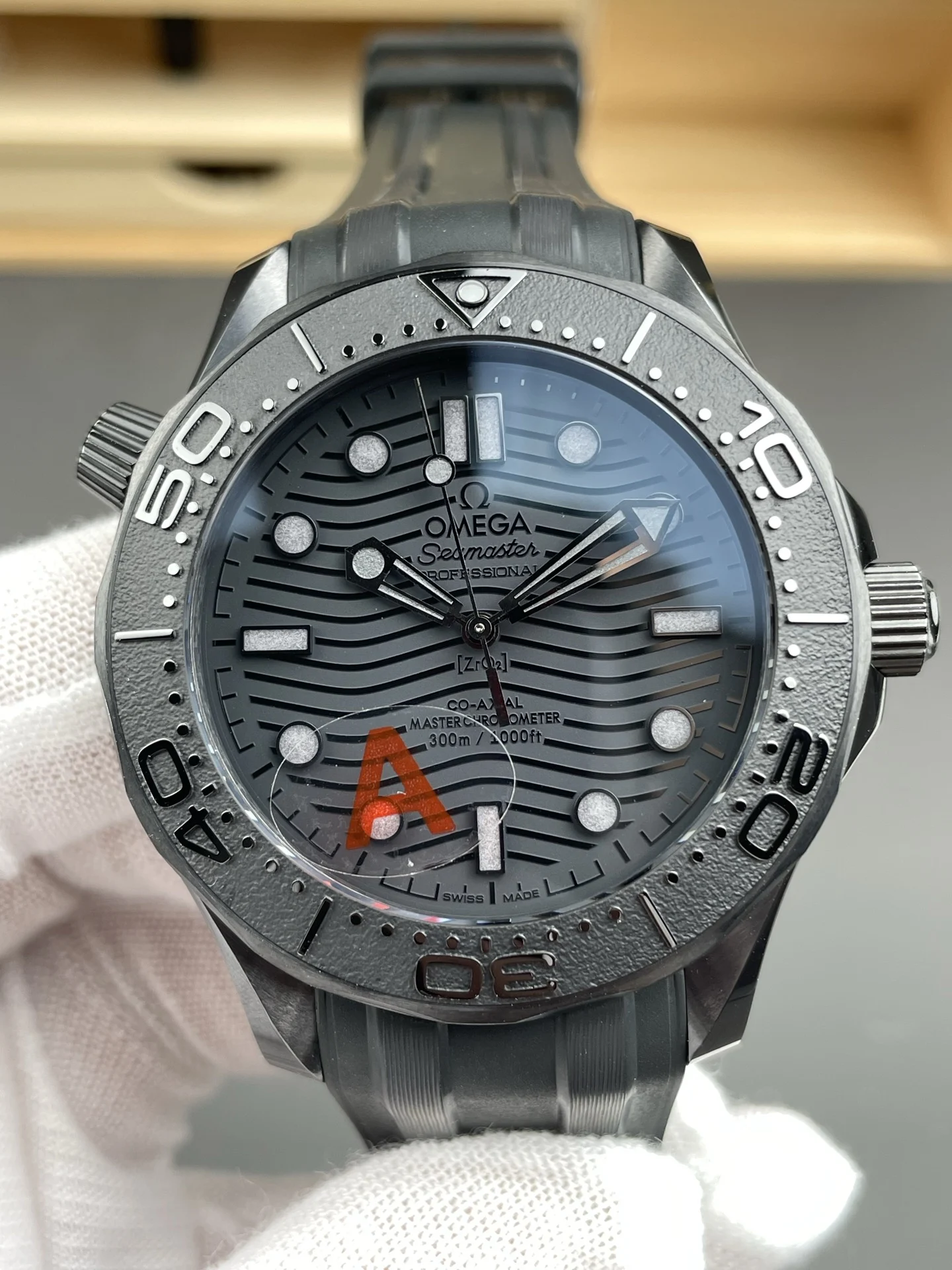 Omega Seamaster 300 Black Dial 42mm — photographed off the sweep