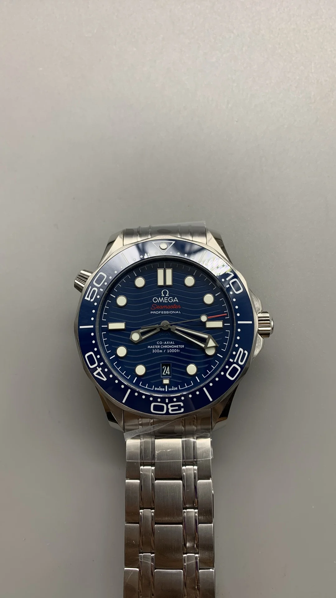 Omega Seamaster 300 Blue Dial — photographed off the sweep
