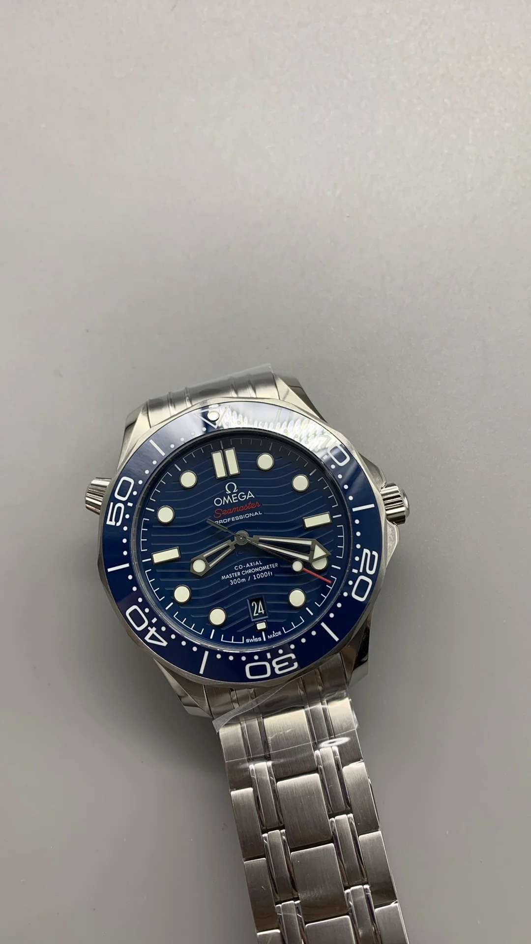 Omega Seamaster 300 Blue Dial — photographed off the sweep