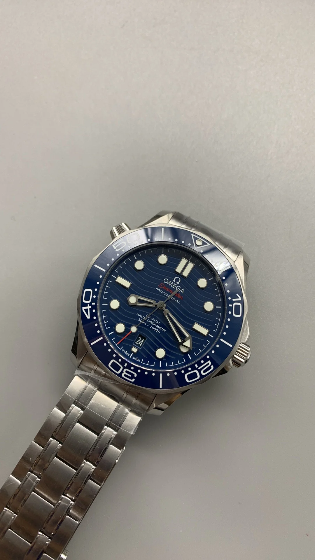 Omega Seamaster 300 Blue Dial — photographed off the sweep