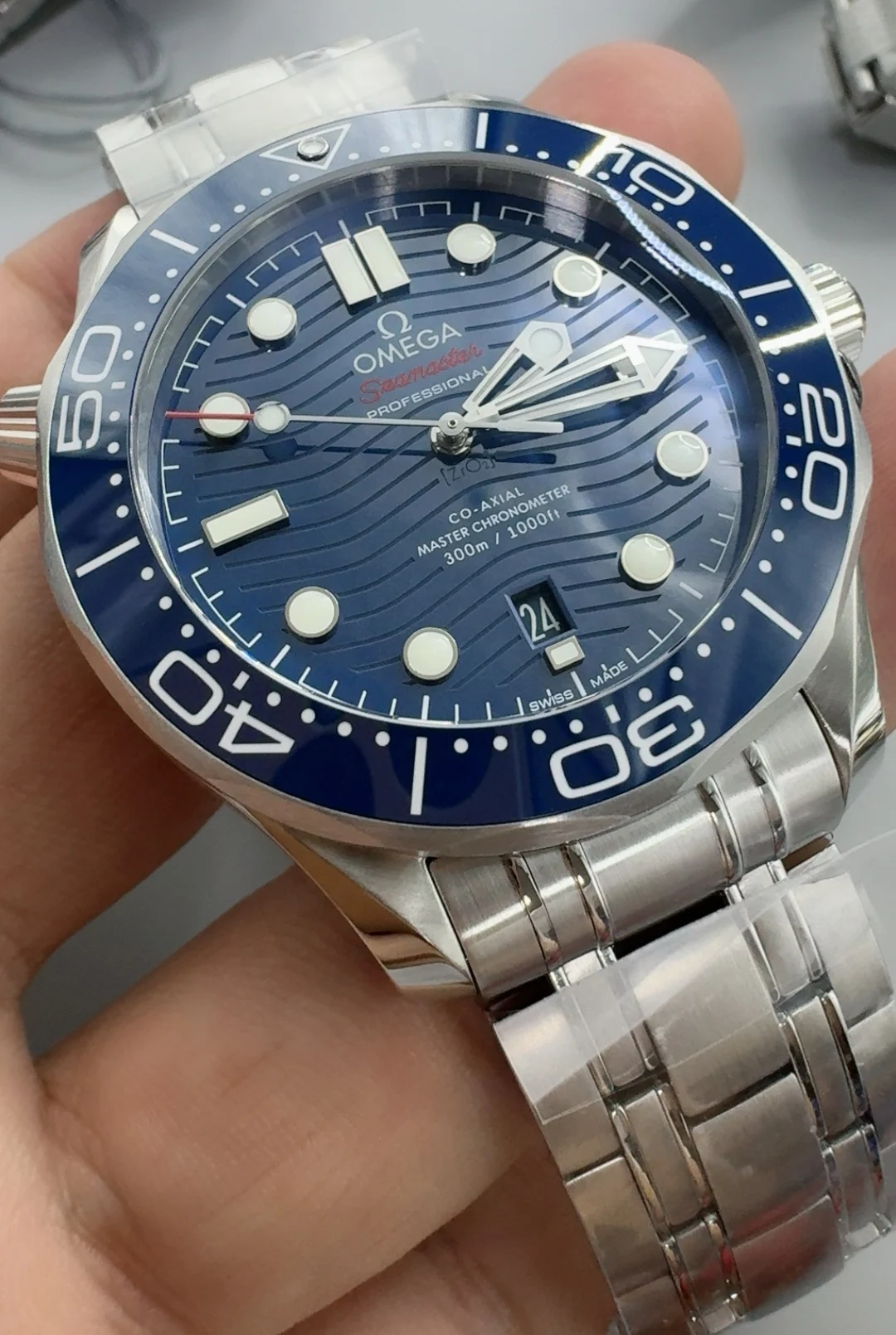 Omega Seamaster 300 Blue Dial — photographed off the sweep