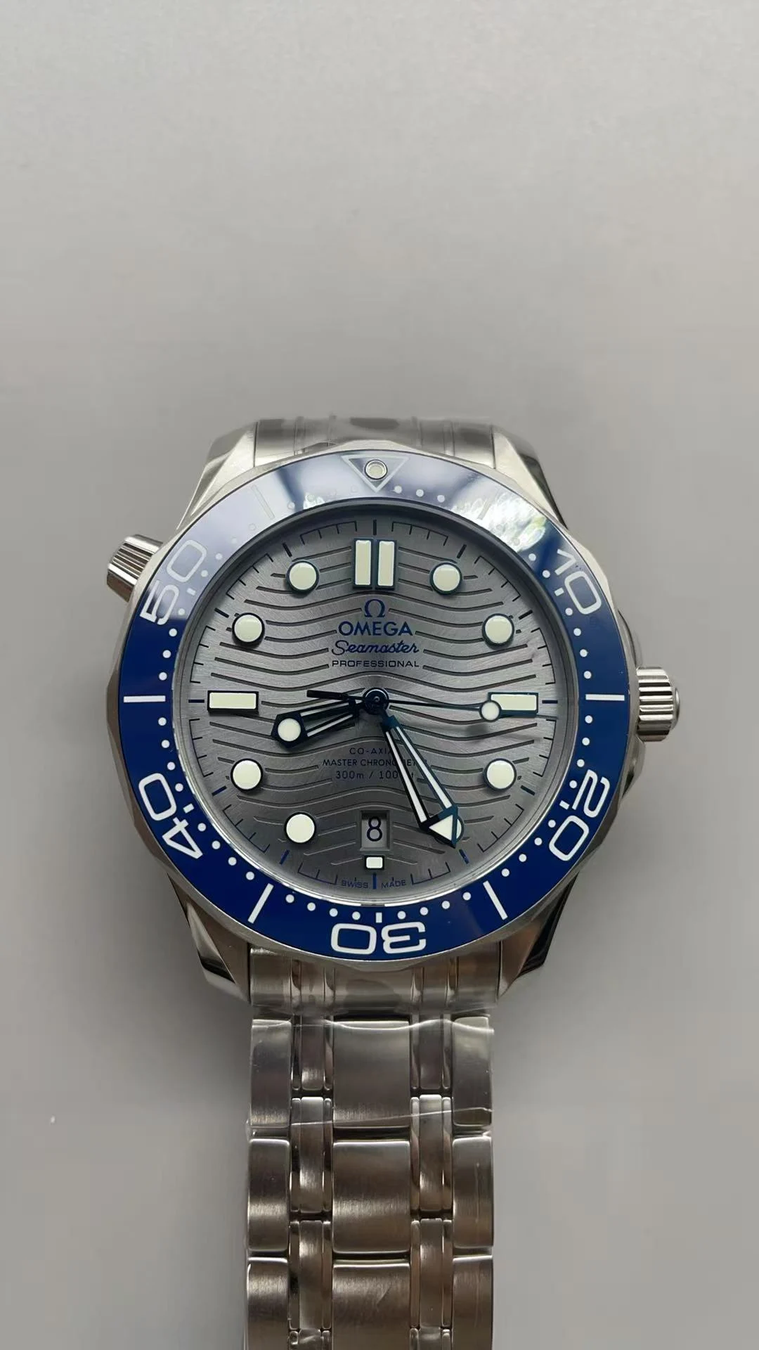 Omega Seamaster 300 Blue Dial — photographed off the sweep