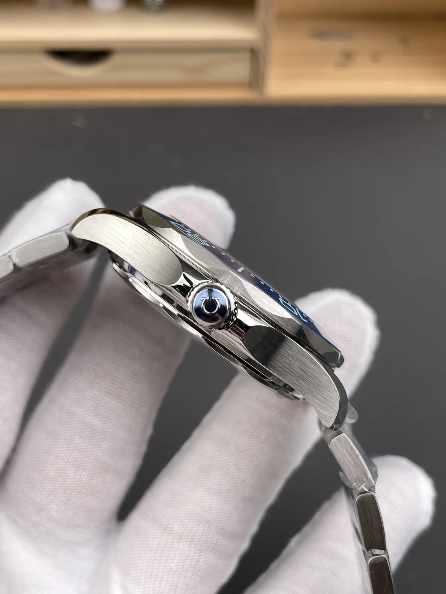 Omega Seamaster 300 Blue Dial 42mm — photographed off the sweep