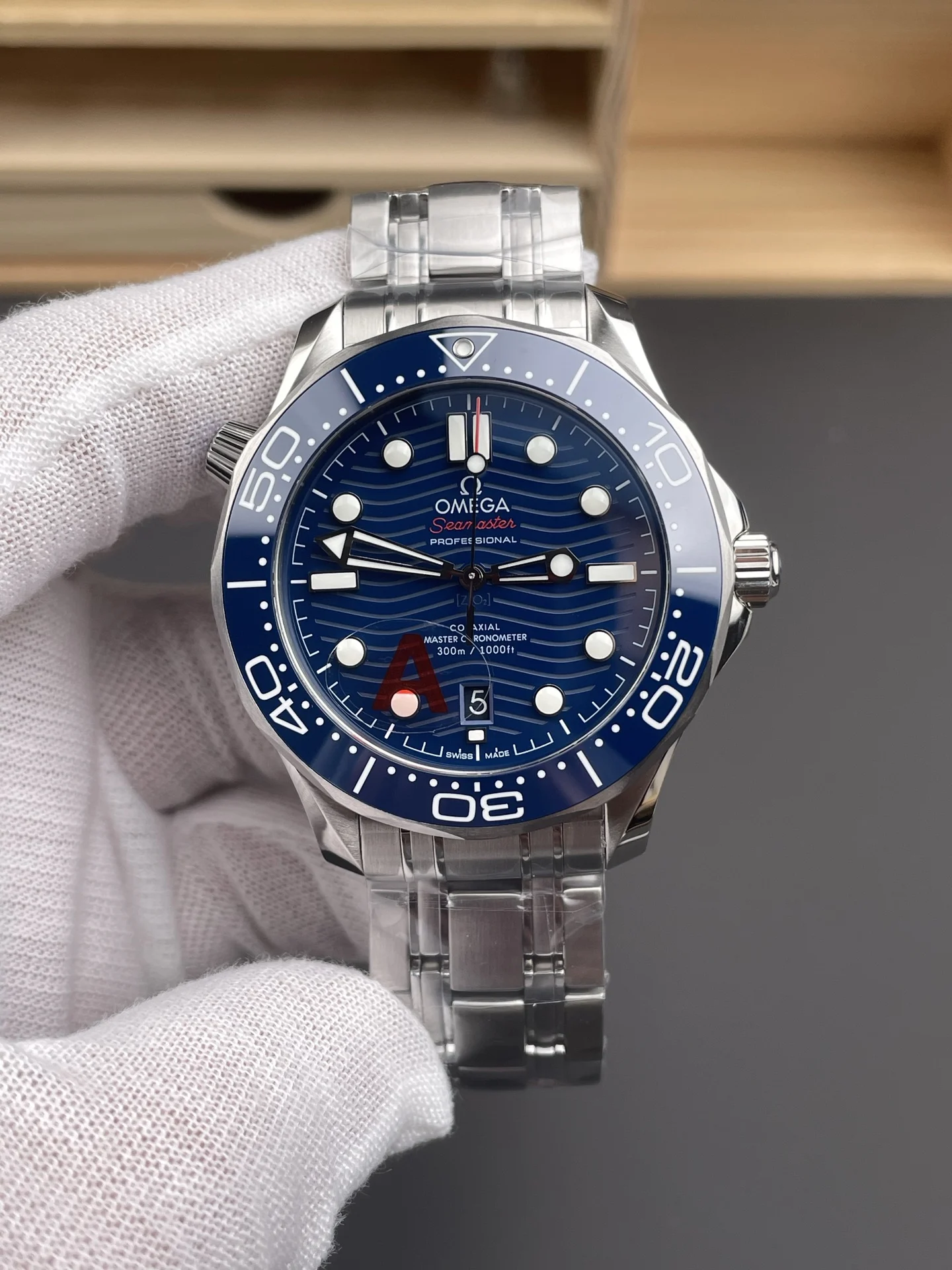 Omega Seamaster 300 Blue Dial 42mm — photographed off the sweep