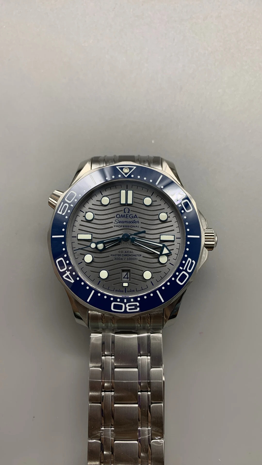 Omega Seamaster 300 Blue Dial — photographed off the sweep