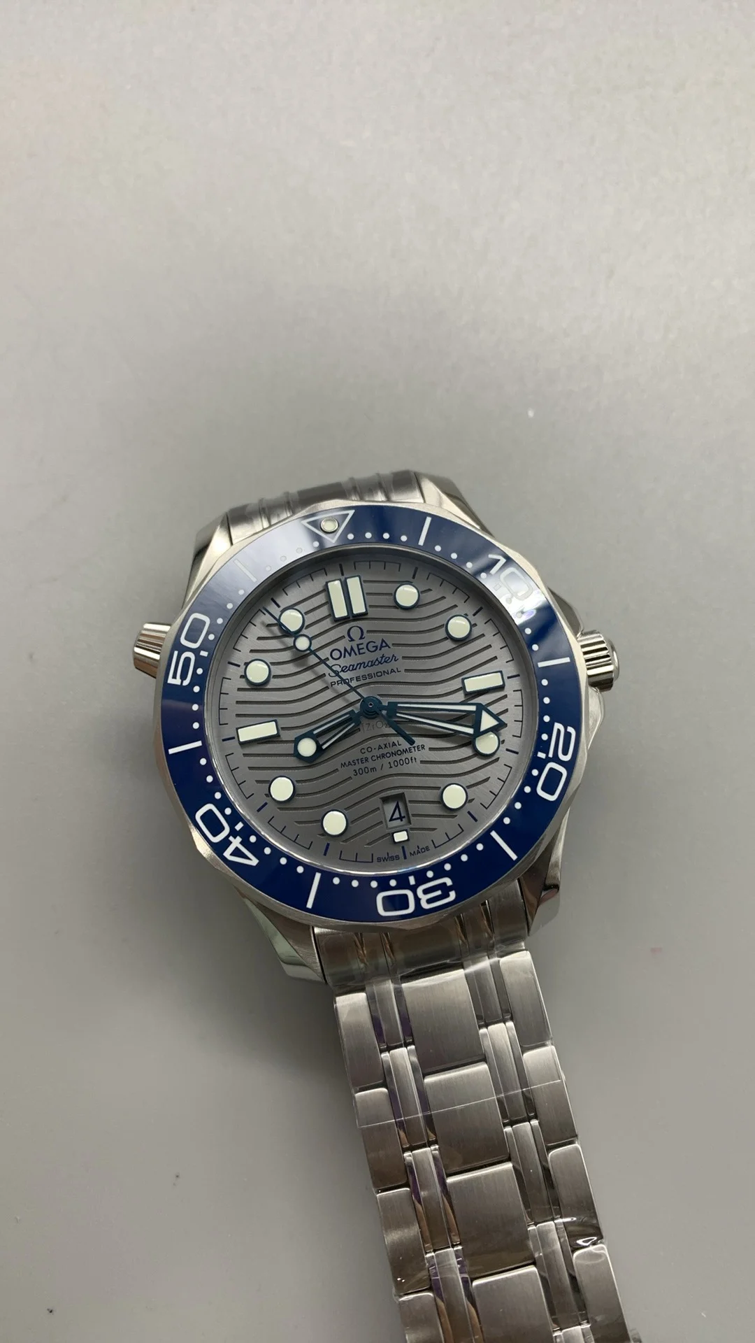 Omega Seamaster 300 Blue Dial — photographed off the sweep