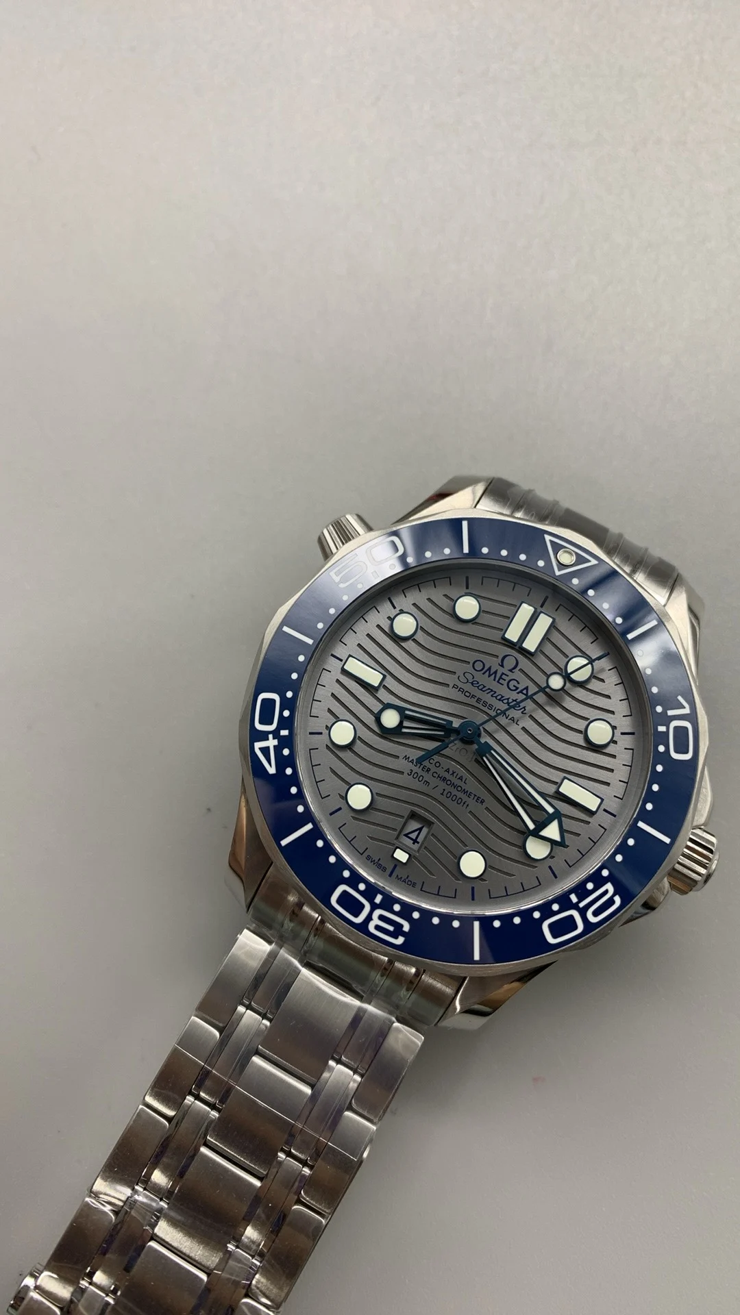 Omega Seamaster 300 Blue Dial — photographed off the sweep
