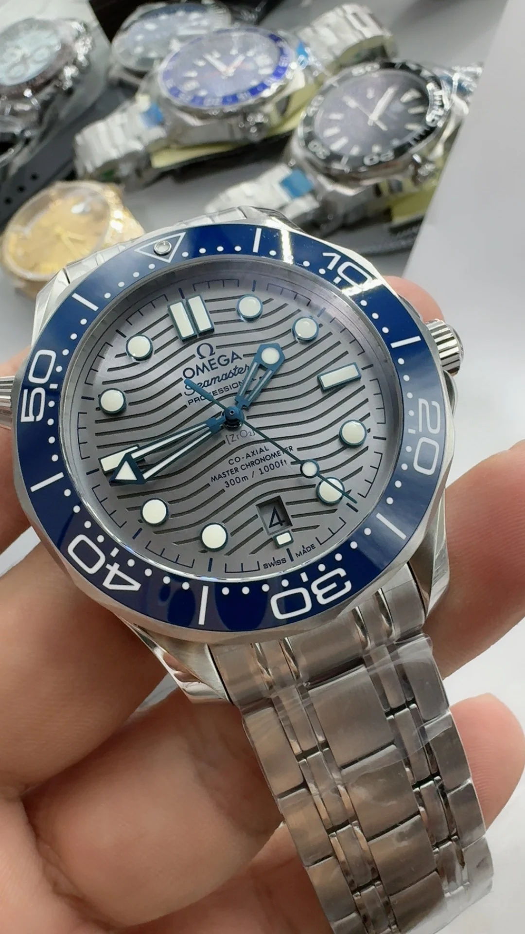 Omega Seamaster 300 Blue Dial — photographed off the sweep