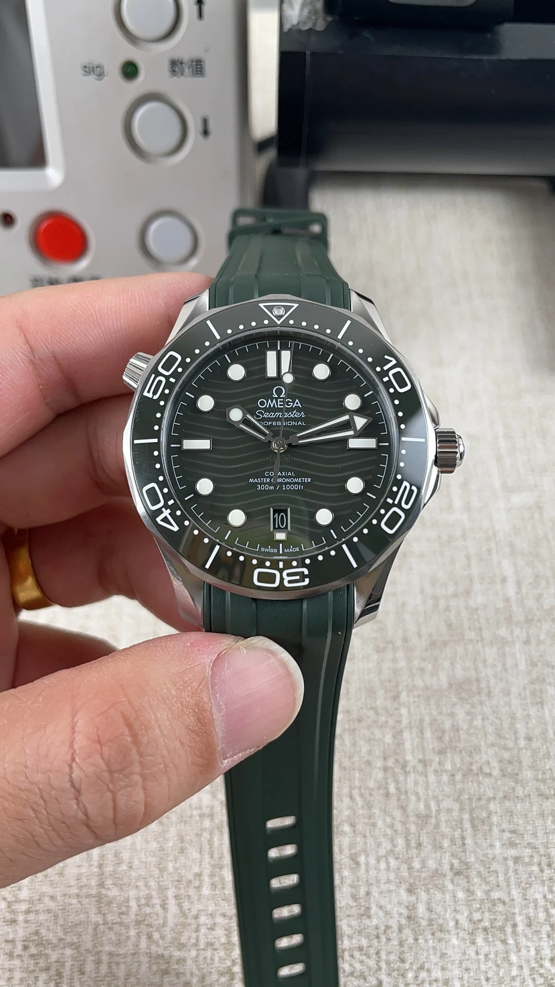 Omega Seamaster 300 Green Dial — photographed off the sweep