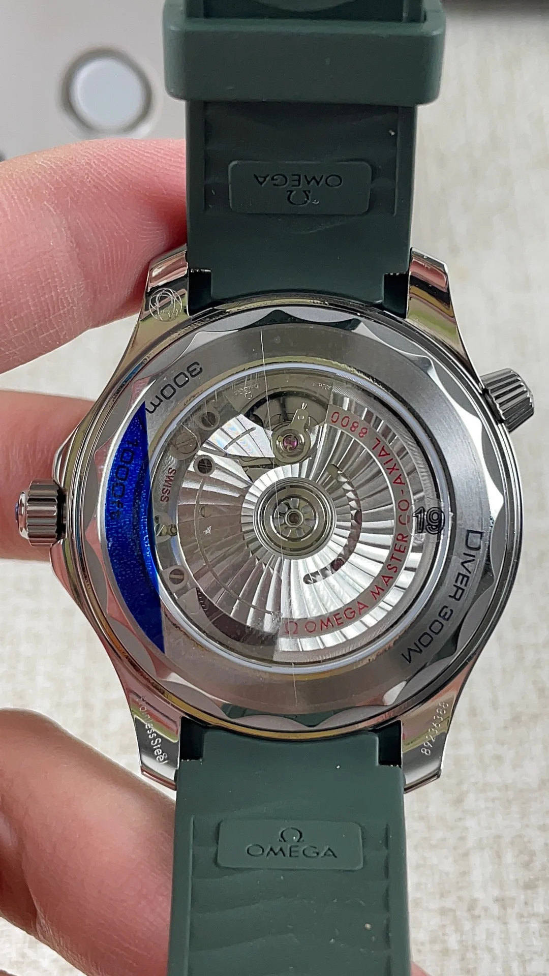 Omega Seamaster 300 Green Dial — photographed off the sweep