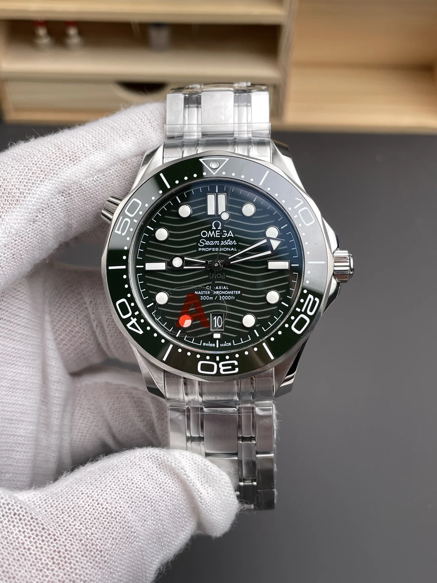 Omega Seamaster 300 Green Dial 42mm — photographed off the sweep