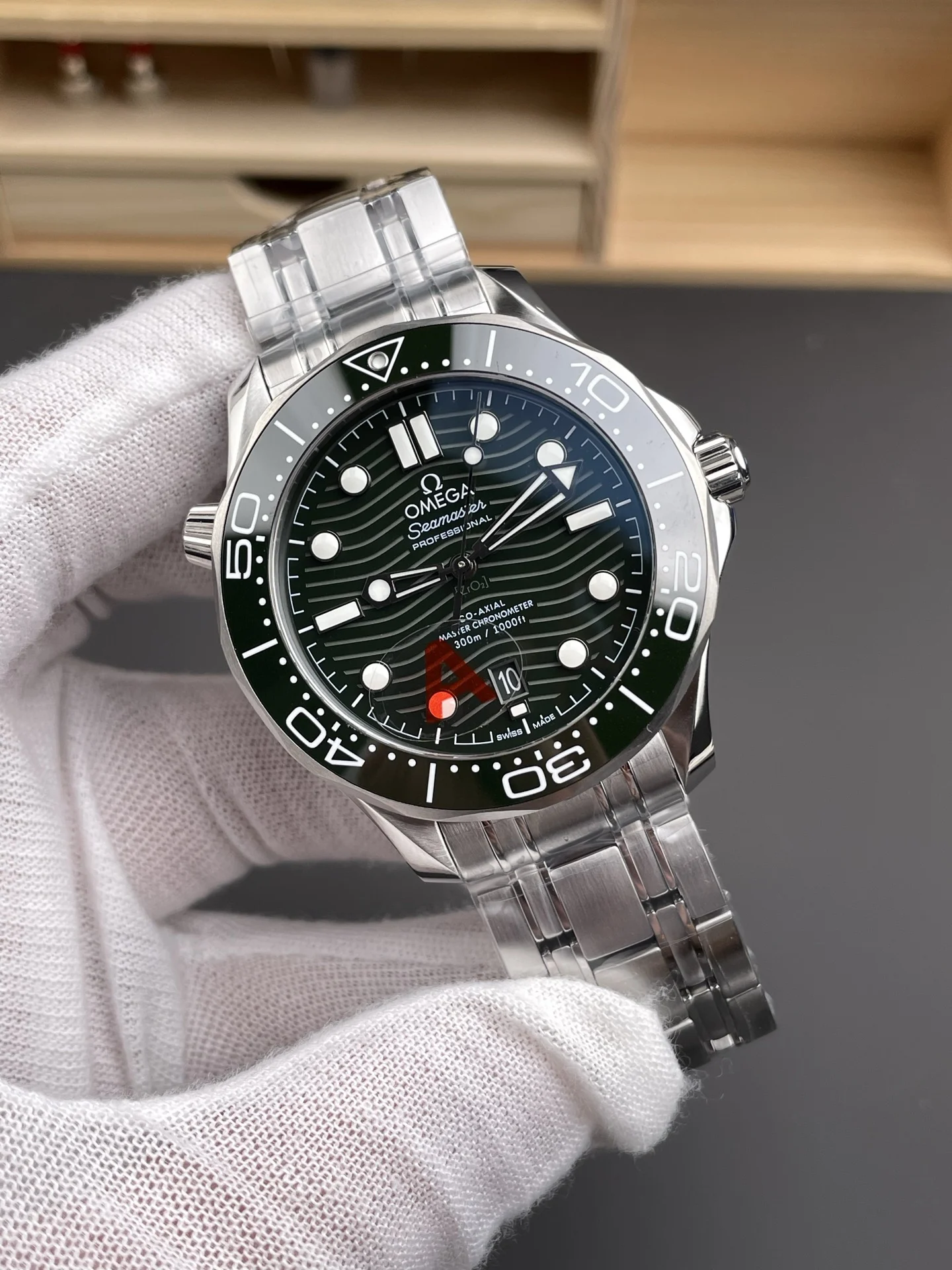 Omega Seamaster 300 Green Dial 42mm — photographed off the sweep