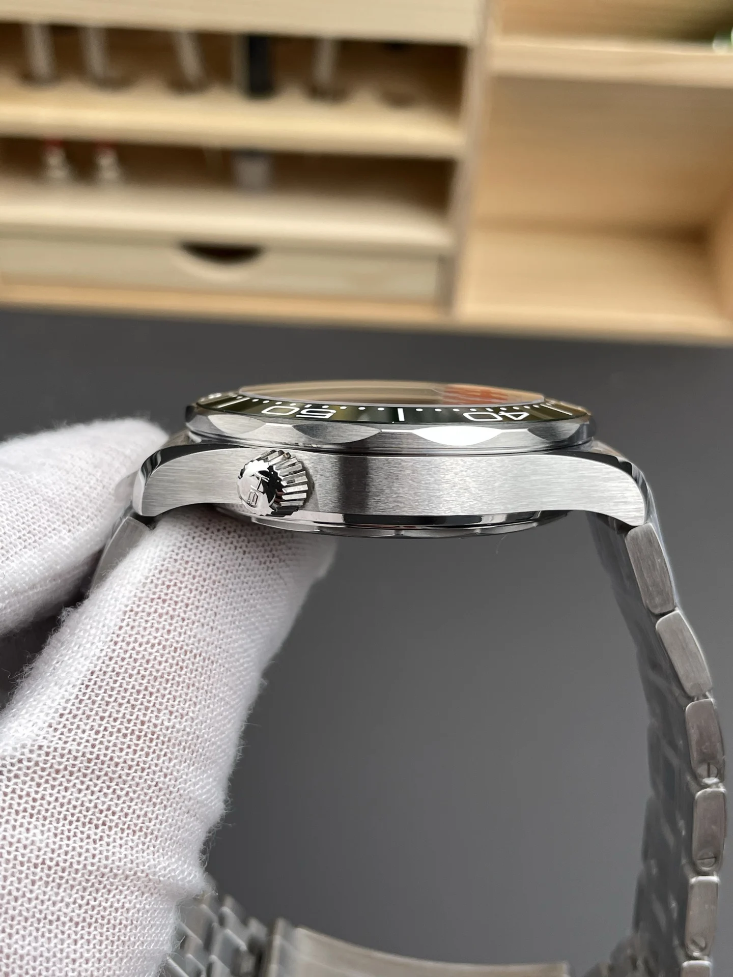 Omega Seamaster 300 Green Dial 42mm — photographed off the sweep