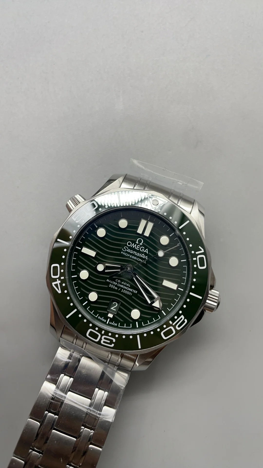 Omega Seamaster 300 Green Dial — photographed off the sweep