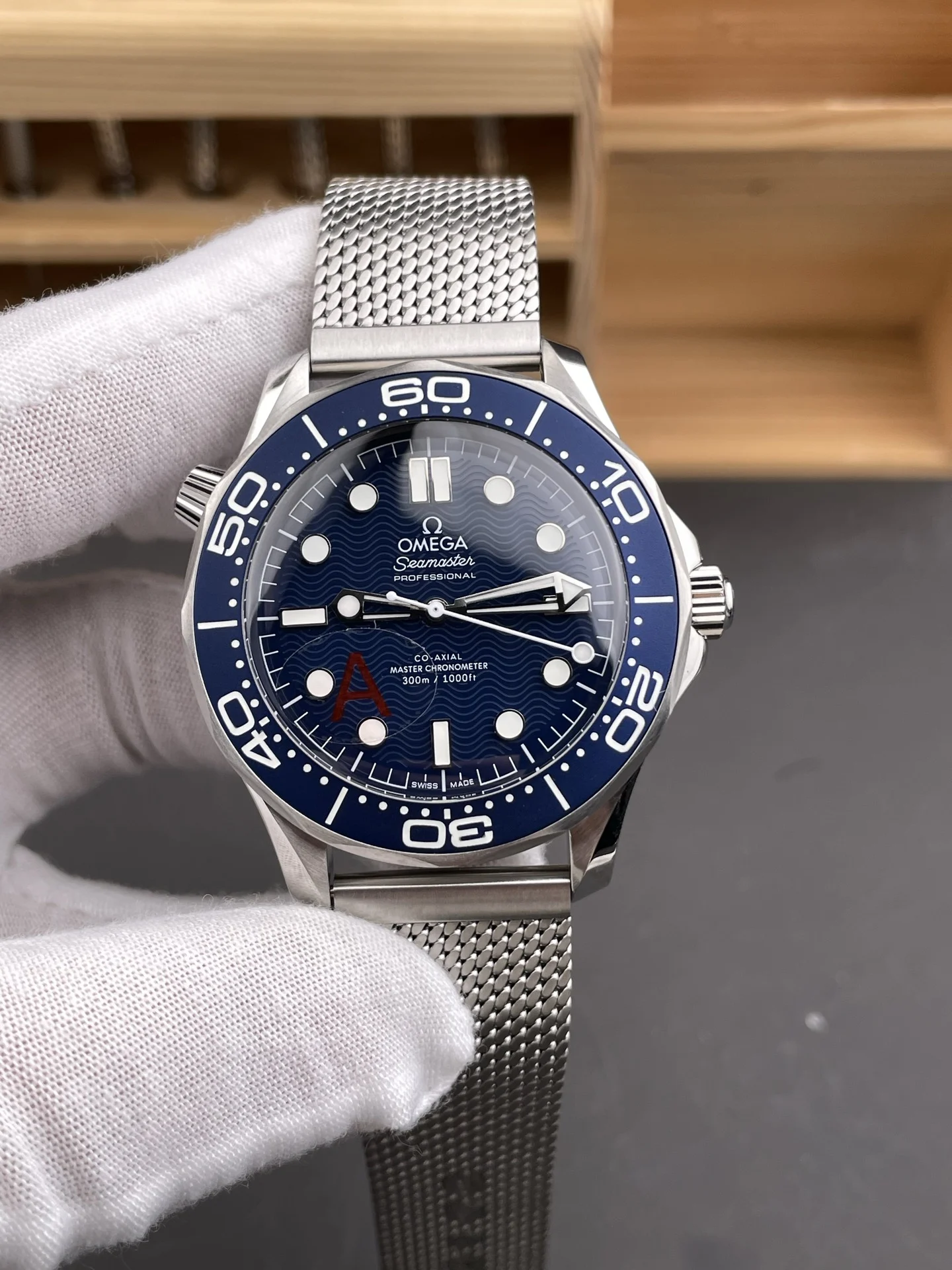 Omega Seamaster 300 James Bond 007 Blue Dial — photographed off the sweep