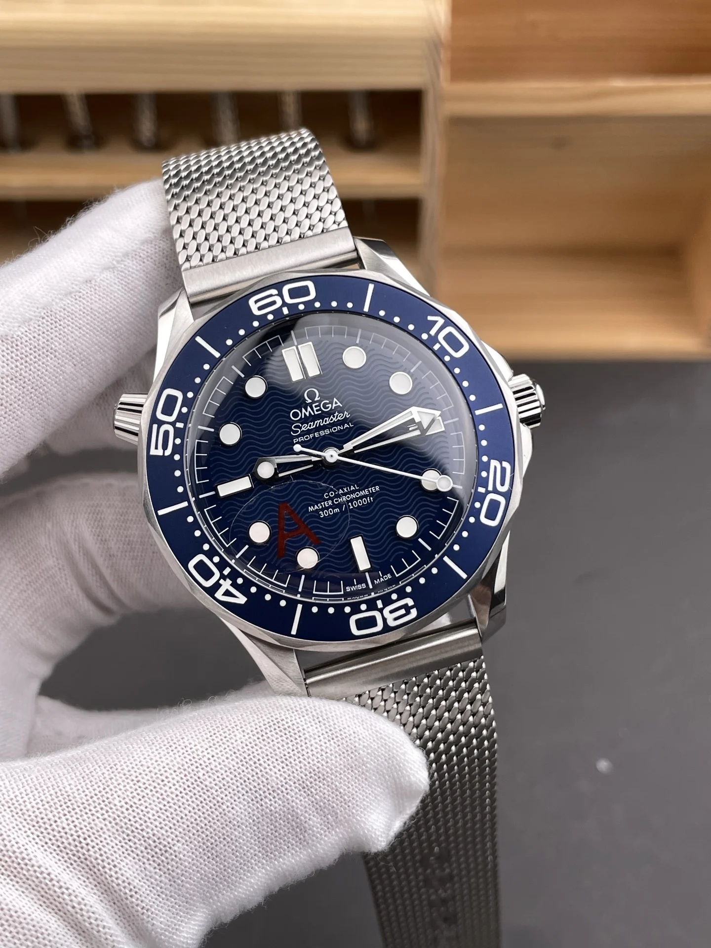 Omega Seamaster 300 James Bond 007 Blue Dial — photographed off the sweep