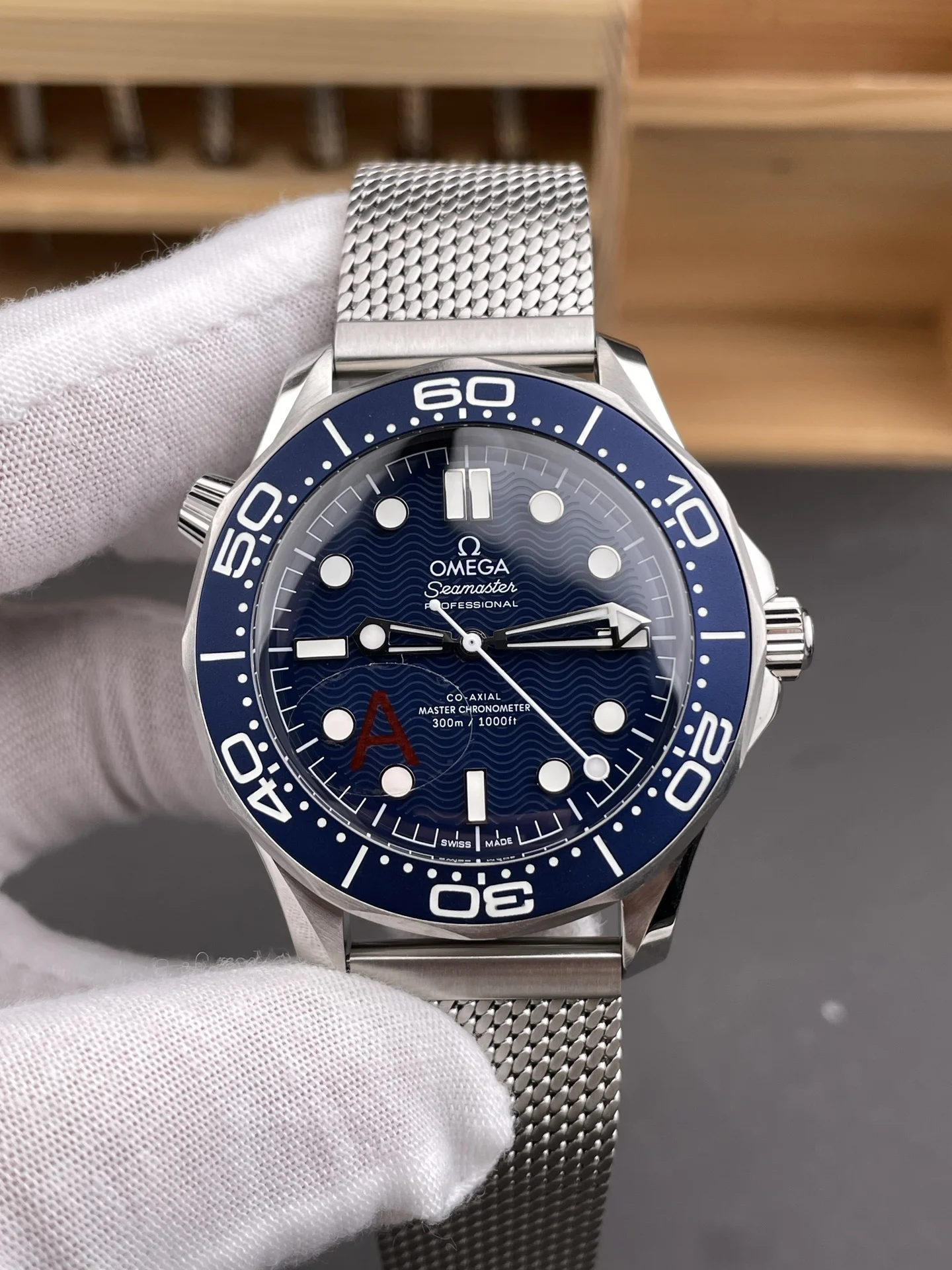 Omega Seamaster 300 James Bond 007 Blue Dial — photographed off the sweep