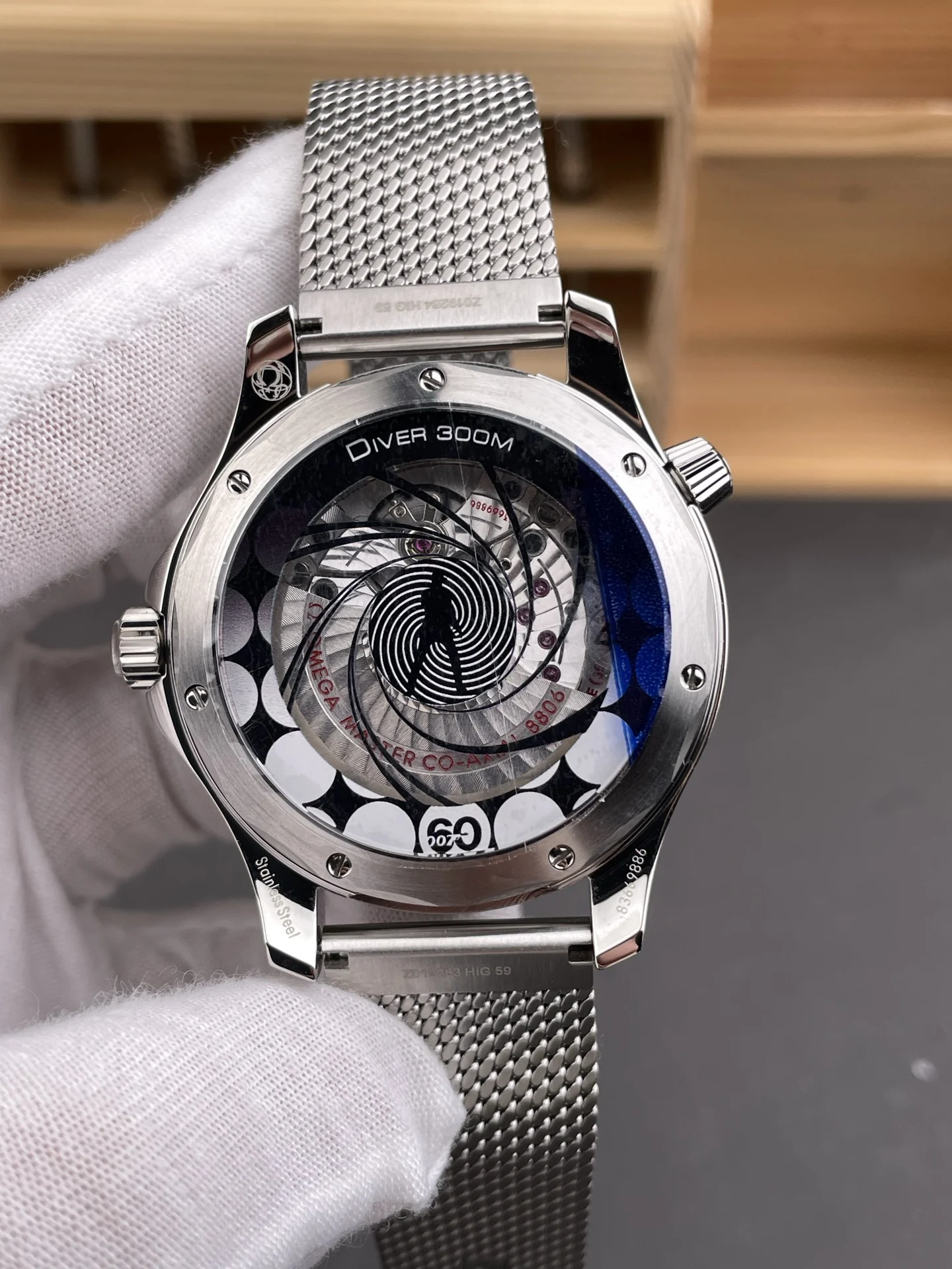 Omega Seamaster 300 James Bond 007 Blue Dial — photographed off the sweep