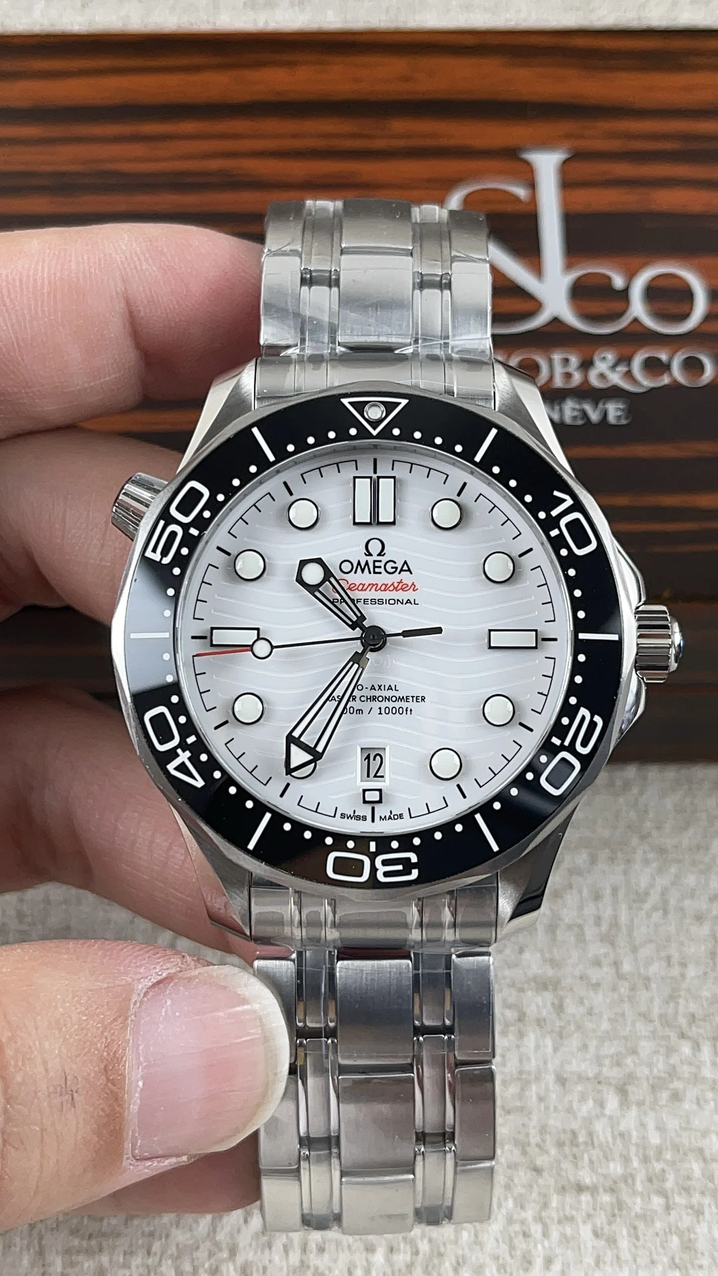 Omega Seamaster 300 Panda — photographed off the sweep