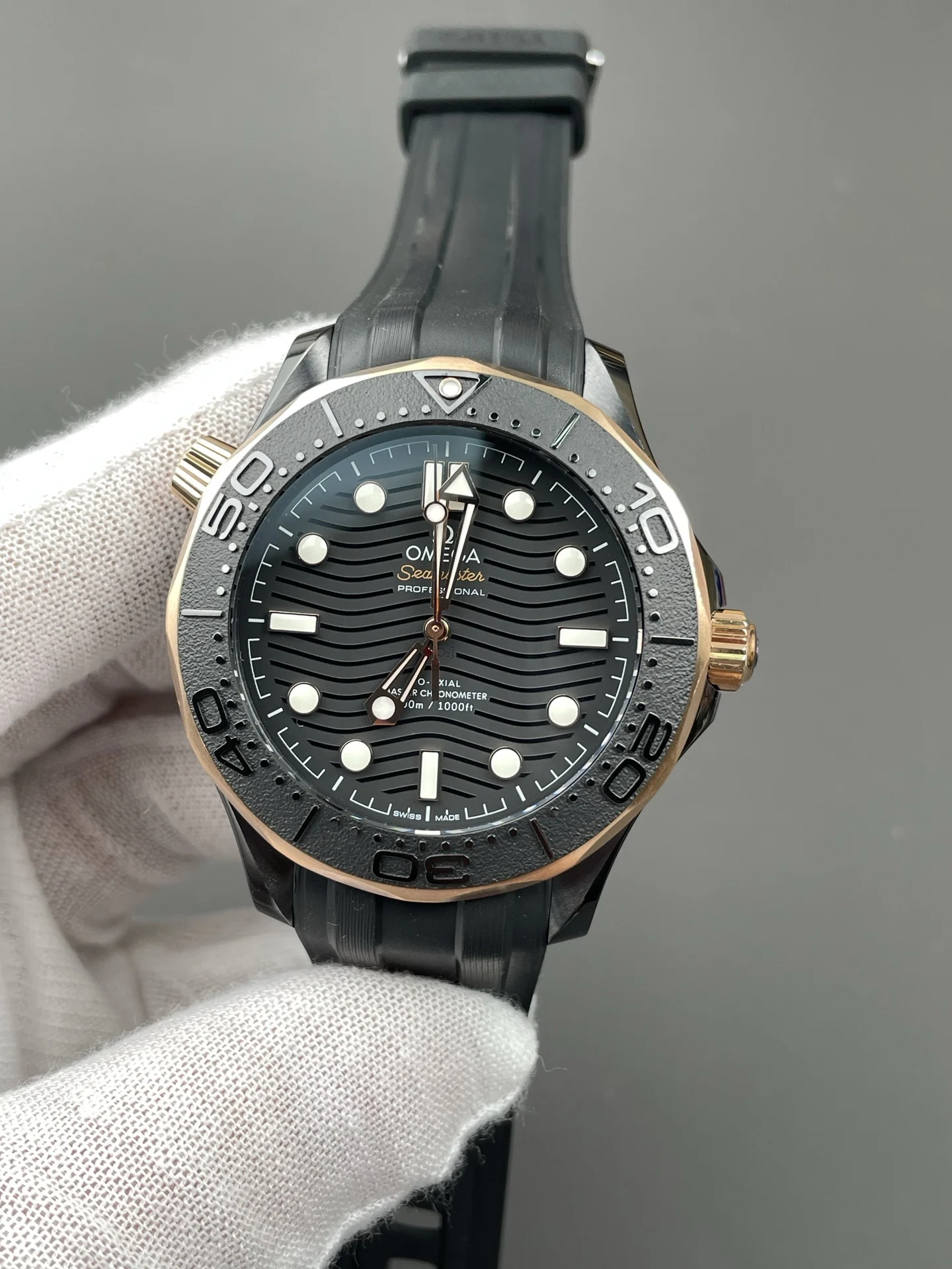 Omega Seamaster 300 Rose Gold 42mm — photographed off the sweep